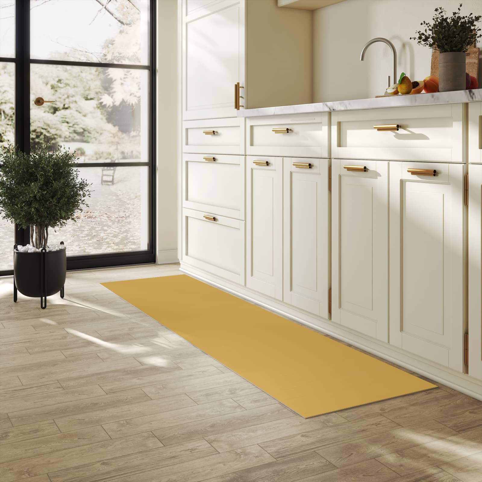 Geräuschdämpfender Küchenläufer mit khakibraunem Hintergrund-Motiv in der Küche