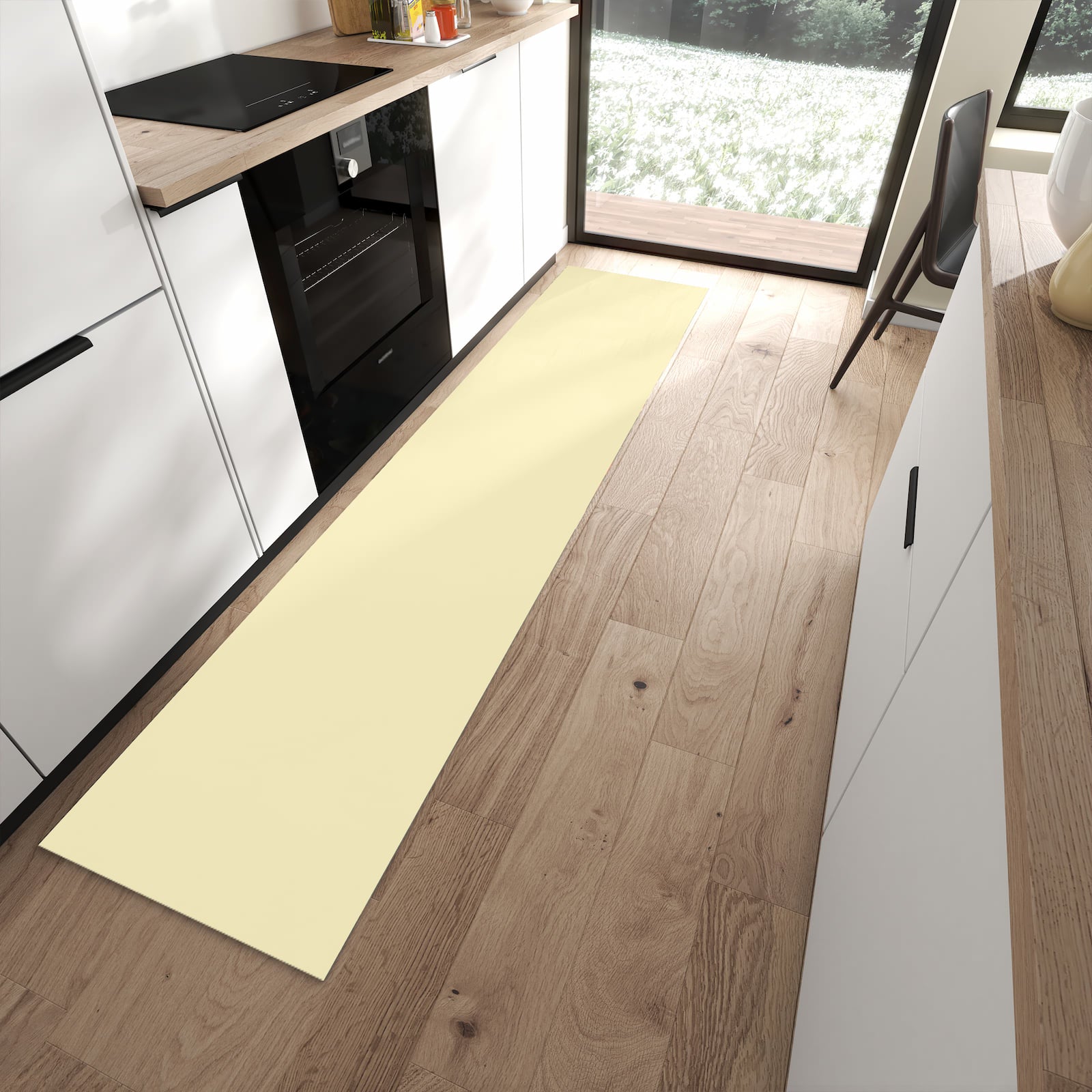 Flacher Küchenläufer mit beigem Hintergrund-Motiv in moderner Küche