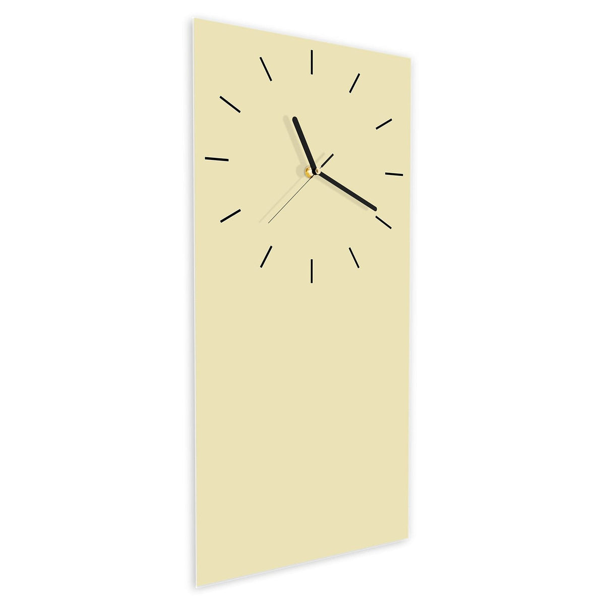 Wanduhr aus Glas im Hochformat Sandbeige schräg von der Seite, 4 mm starkes Glas