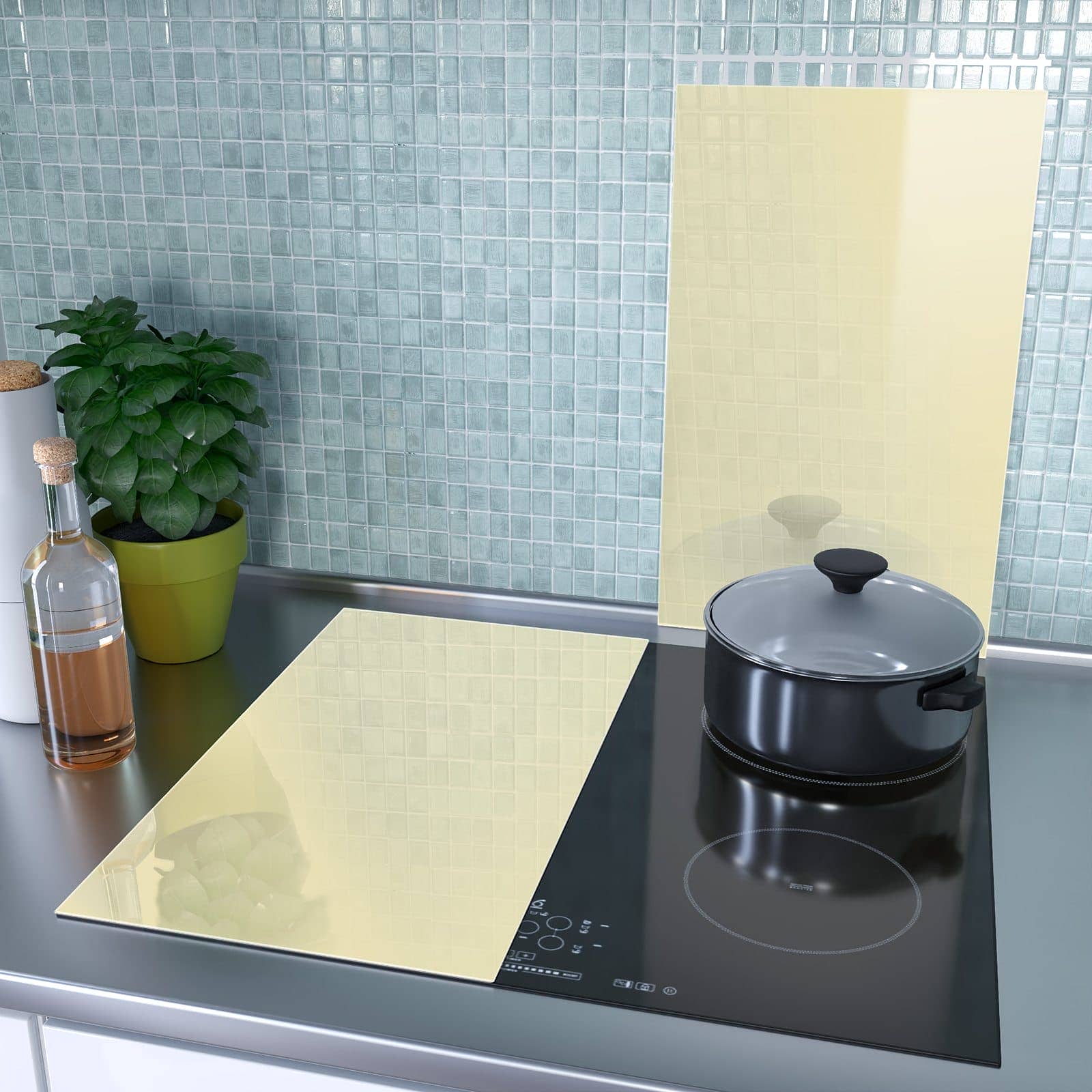 2-teilige Herdabdeckung aus Holz mit Beiger Hintergrund-Motiv als Spritzschutz hinter dem Kochfeld