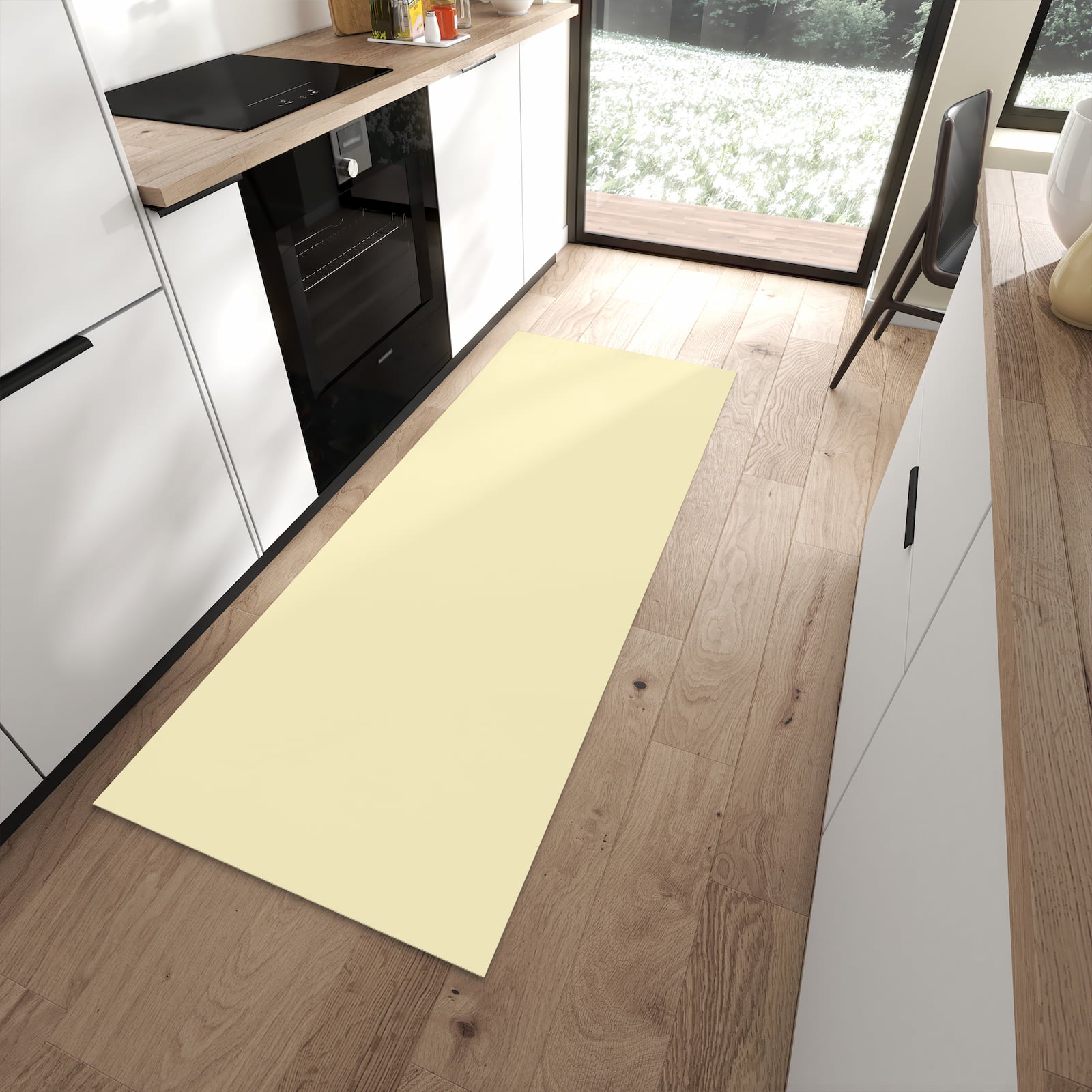 Waschbarer Küchenläufer mit beigem Hintergrund-Motiv in moderner Küche, schützt den Boden