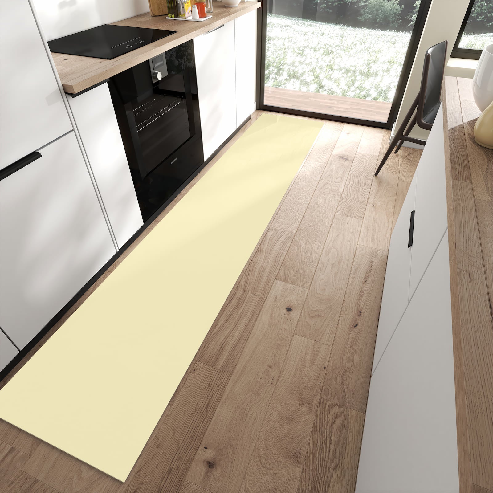 Hygienischer Küchenläufer nach Maß mit beigem Hintergrund-Motiv in moderner Küche