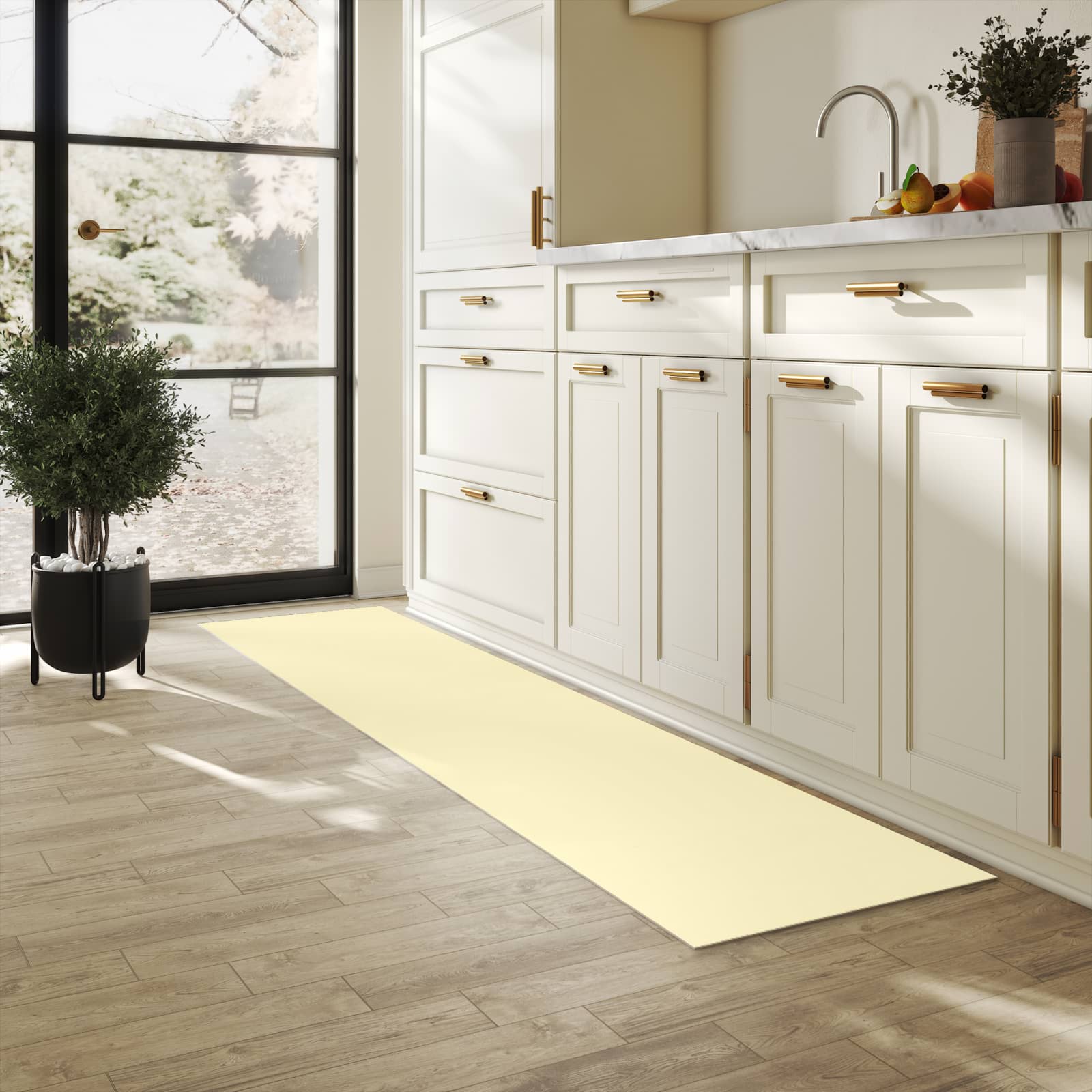 Formstabiler Teppich Läufer mit beigem Hintergrund-Motiv in der Küche