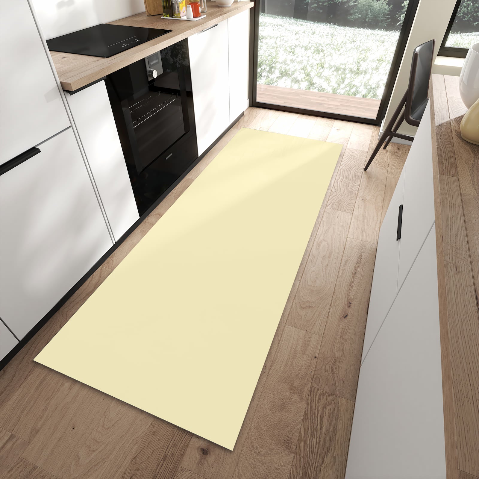 Abwaschbarer Küchenläufer mit beigem Hintergrund-Motiv in moderner Küche, UV-beständig