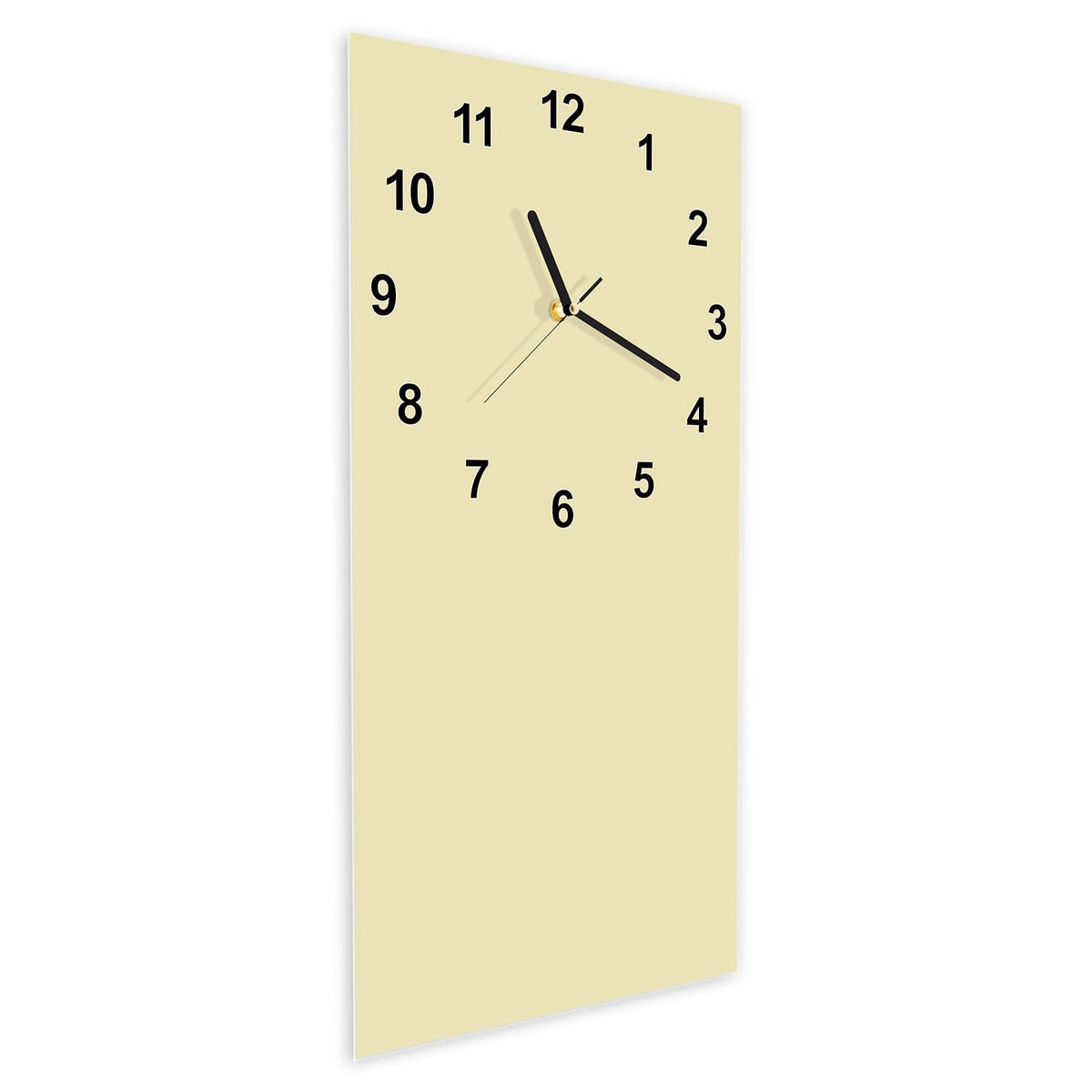 Wanduhr aus Glas im Hochformat Sandbeige schräg von der Seite, 4 mm starkes Glas