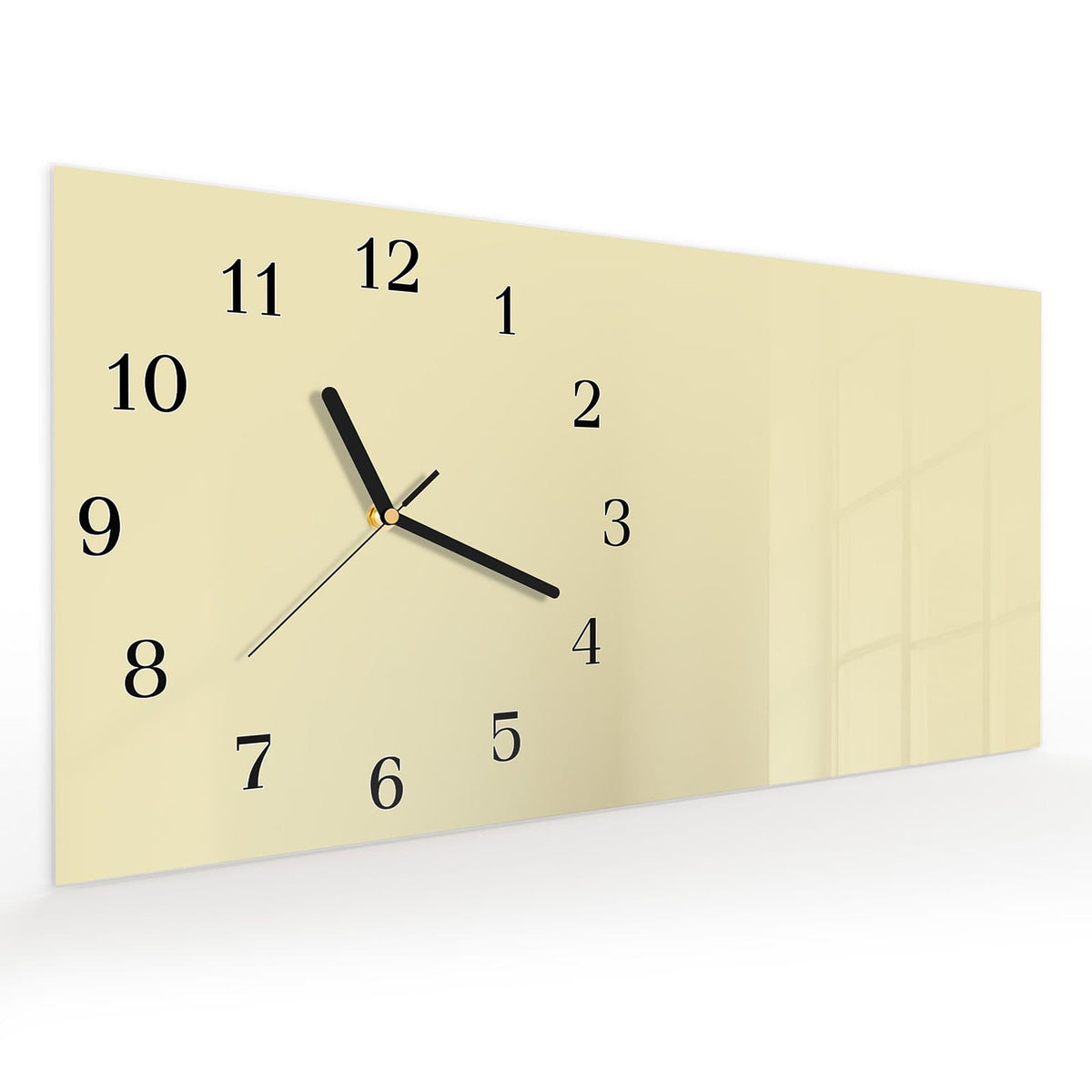 Vormontiert – mit Schwebeeffekt – Wanduhr Beiger Hintergrund aus Glas – Querformat 60 × 30 cm