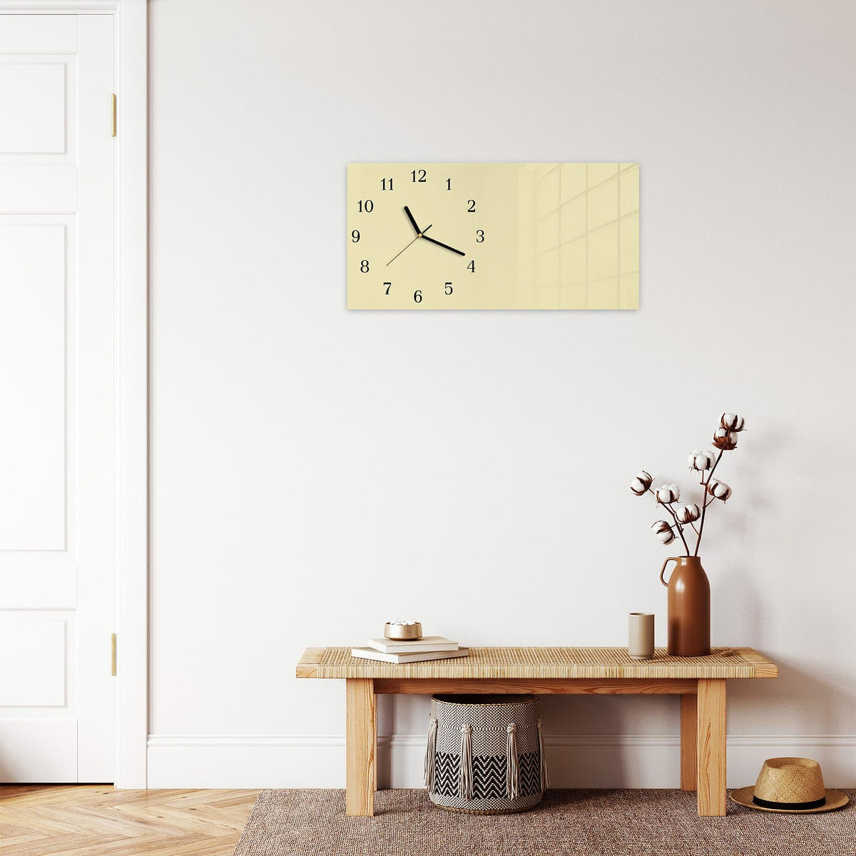 Moderne Wanduhr aus Glas mit Farbtiefe – Wanduhr Beiger Hintergrund aus Glas – Querformat 60 × 30 cm