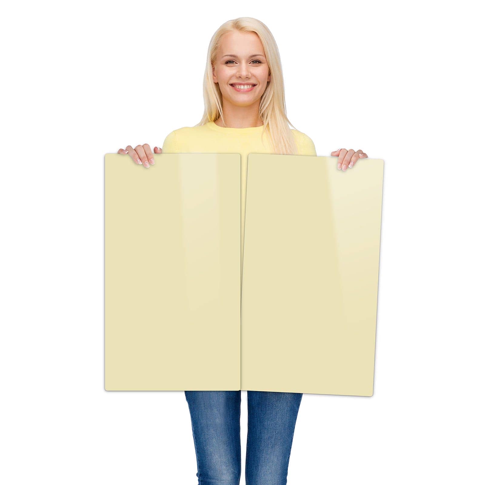 2-teilige Abdeckplatte für Ceranfeld mit Beiger Hintergrund-Motiv wird zur Größendarstellung gehalten