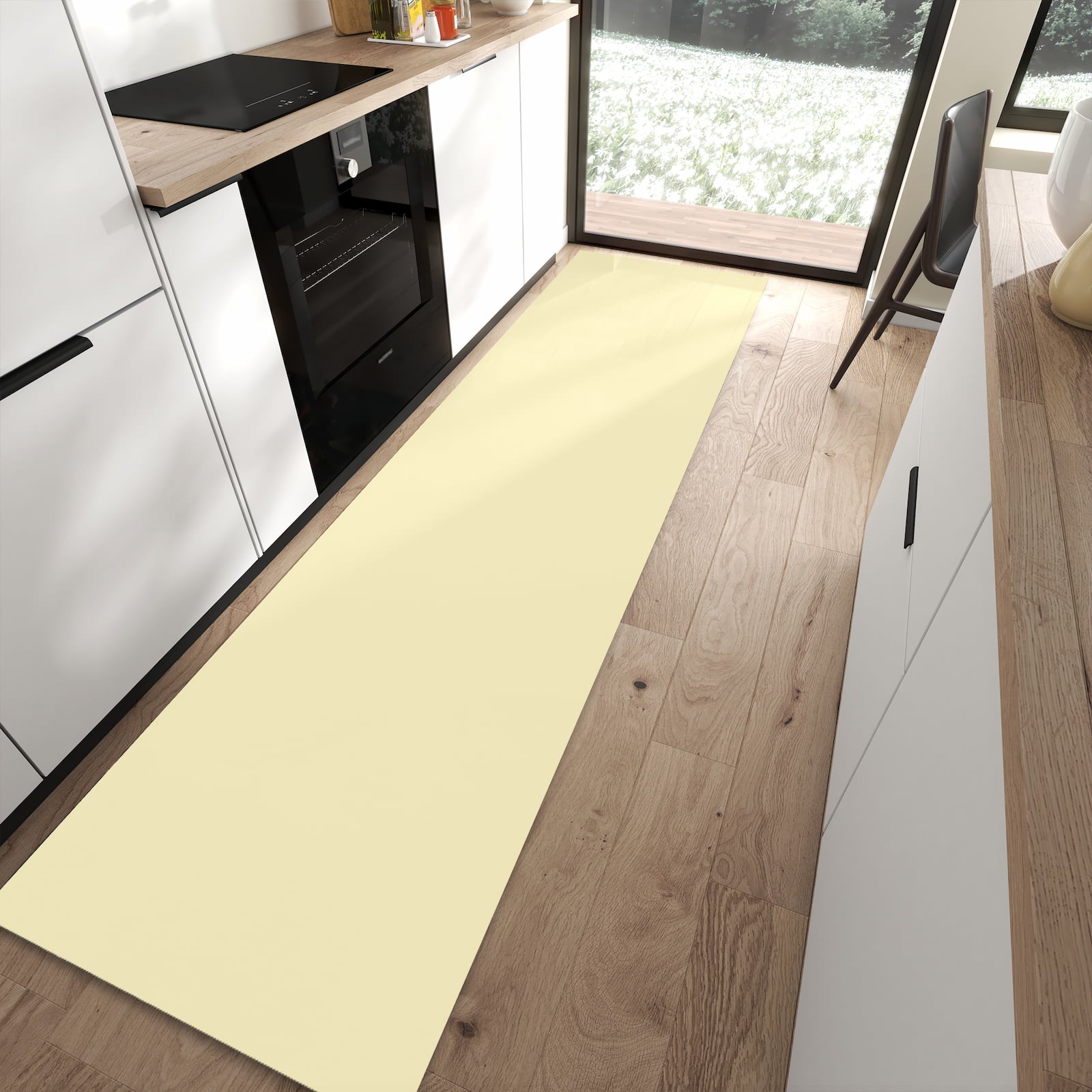 Bodenschonender Küchenläufer mit beigem Hintergrund-Motiv in moderner Küche