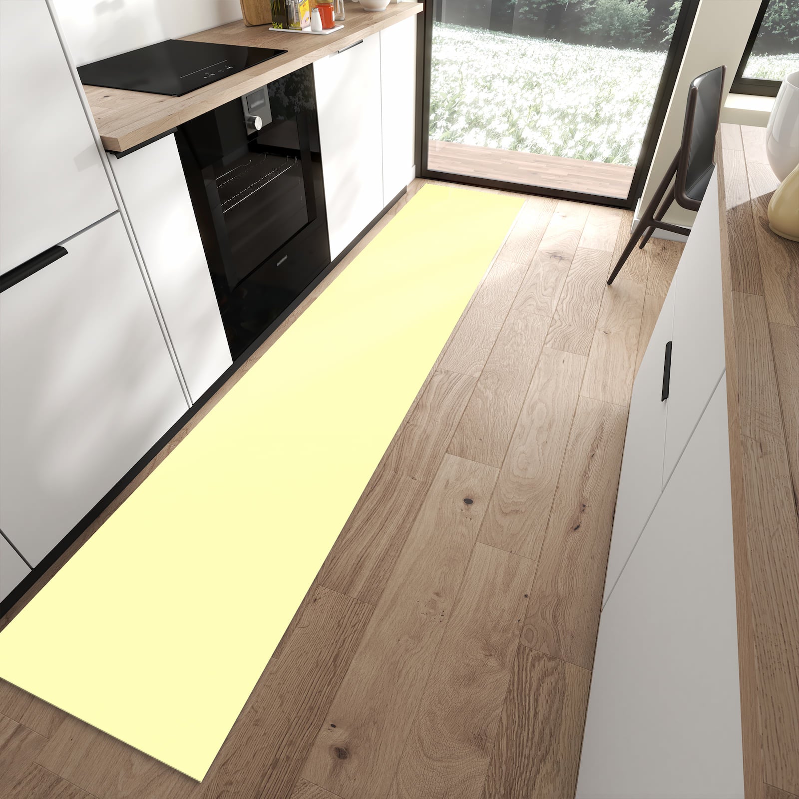 Küchenläufer mit cremefarbenem Hintergrund-Motiv in moderner Küche - sicher aufbewahren