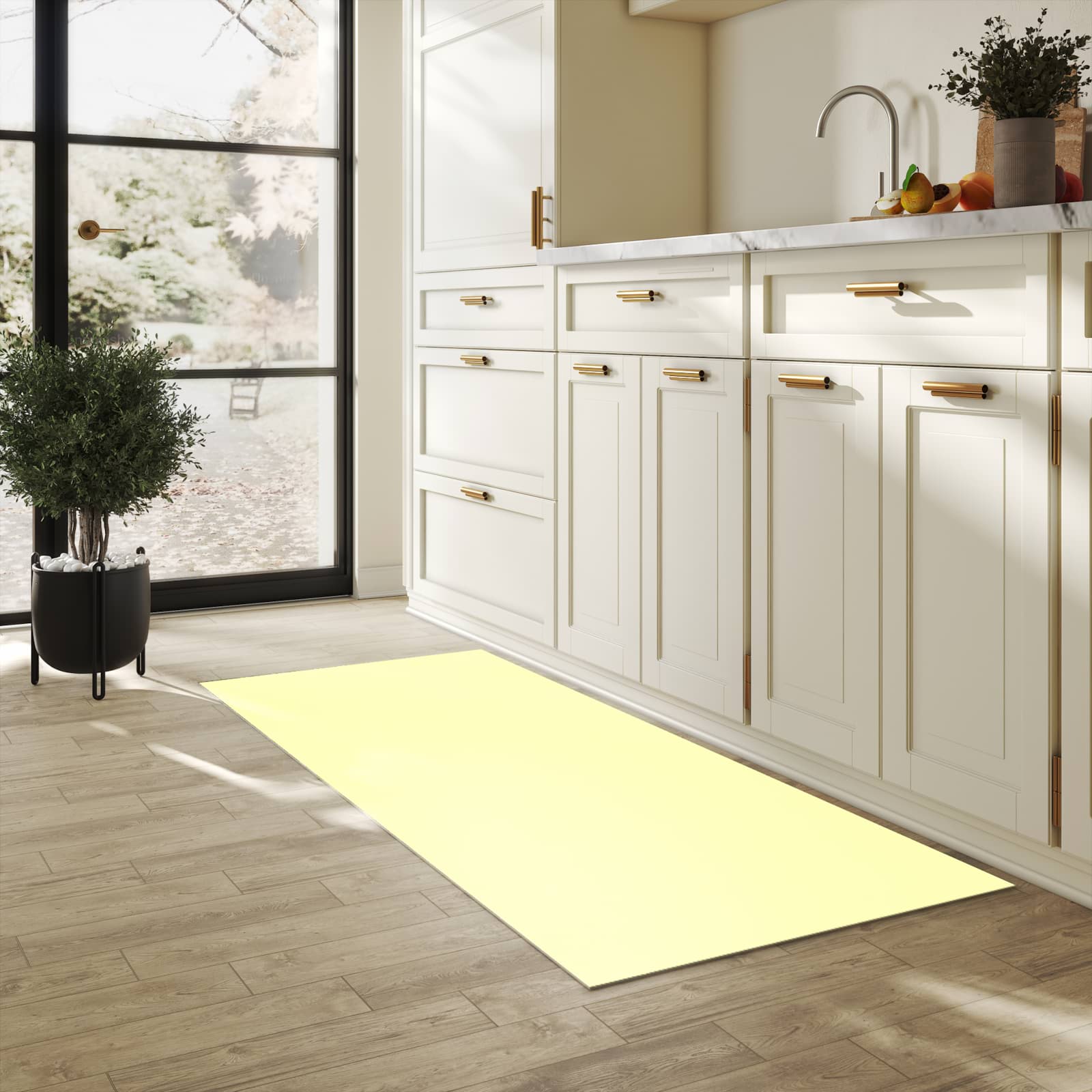 Rutschfester Küchenläufer mit cremefarbenem Hintergrund-Motiv in der Küche, schützt den Boden