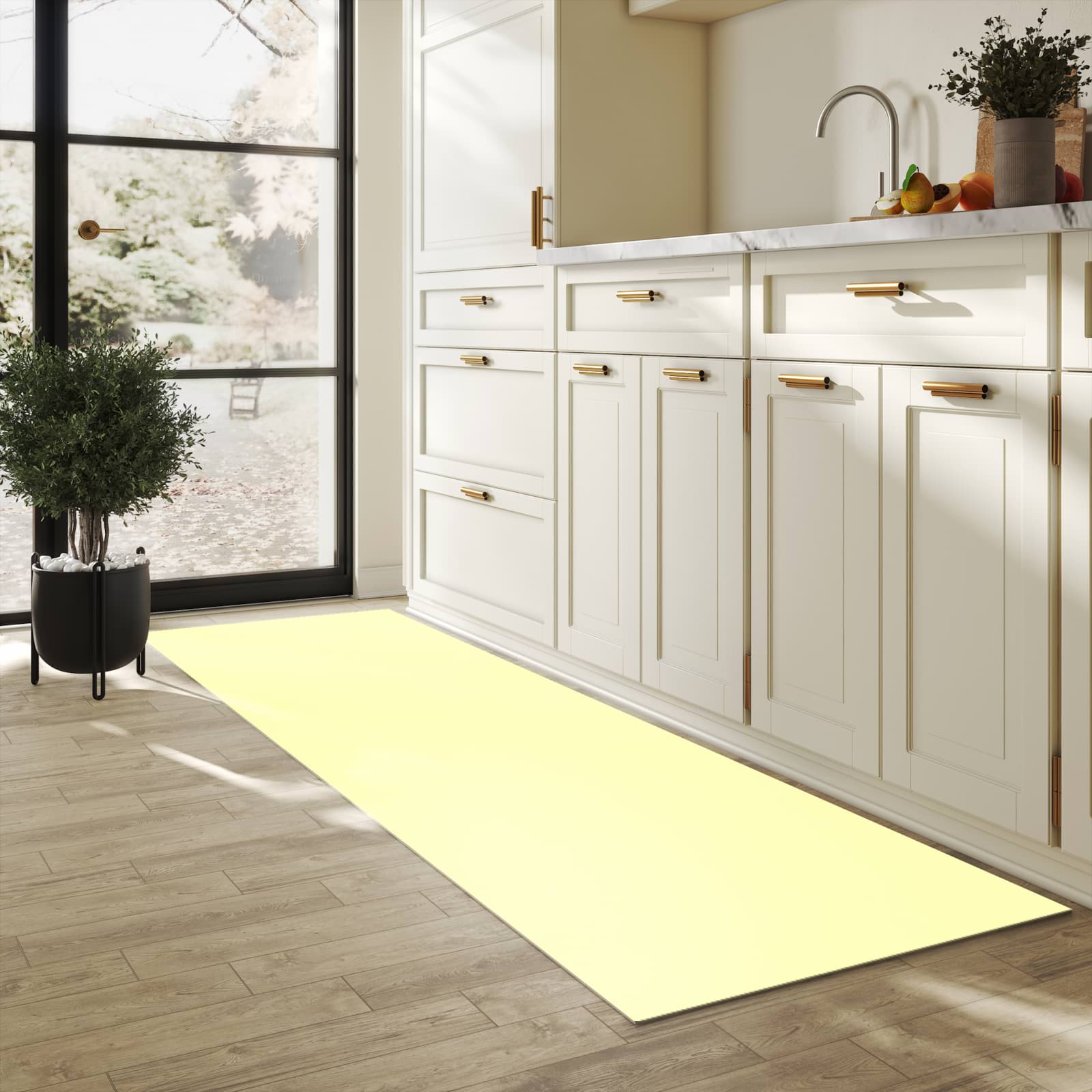 Abriebfester Teppich mit cremefarbenem Hintergrund-Motiv in der Küche, waschbar