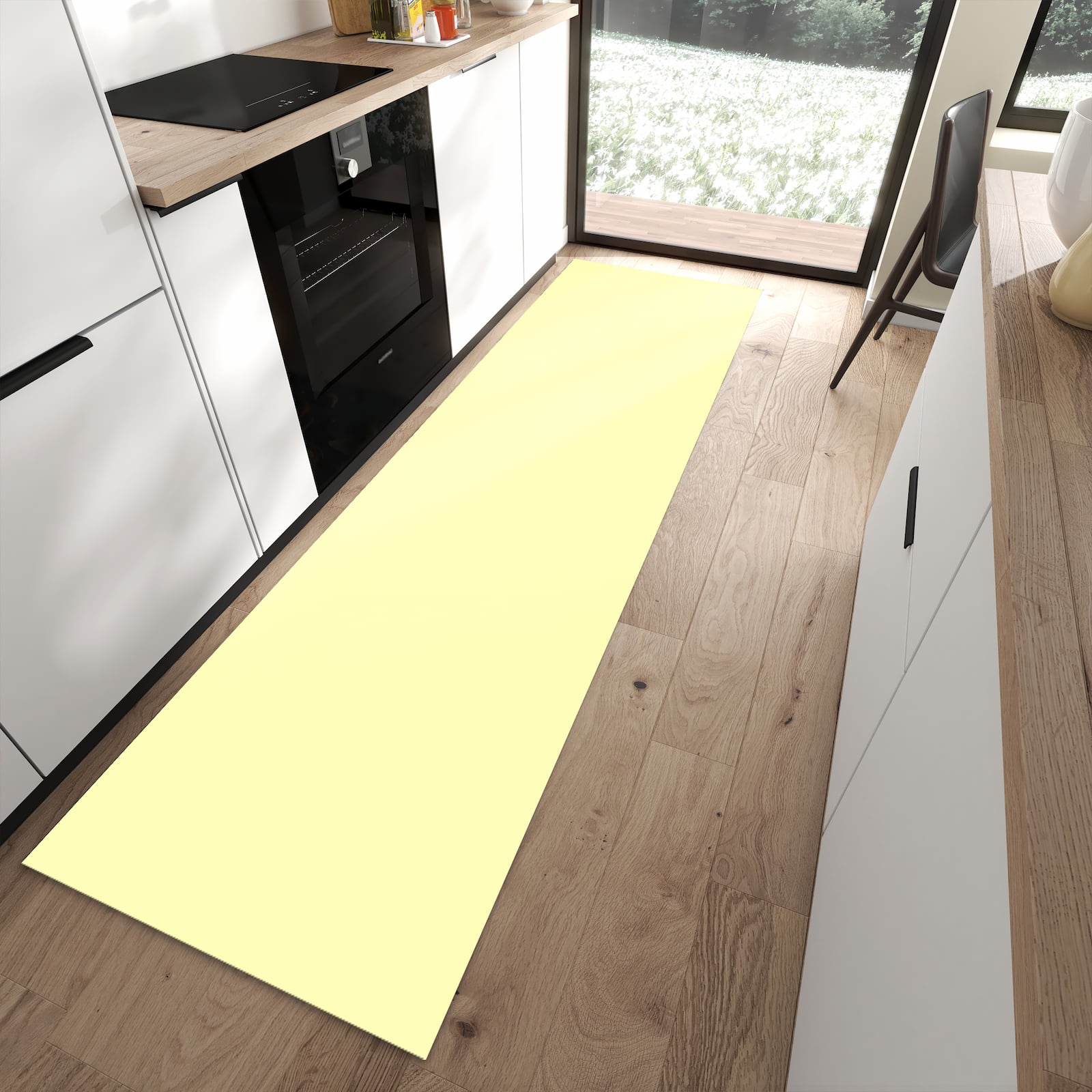 Schmutzabweisender Küchenteppich mit cremefarbenem Hintergrund-Motiv in moderner Küche