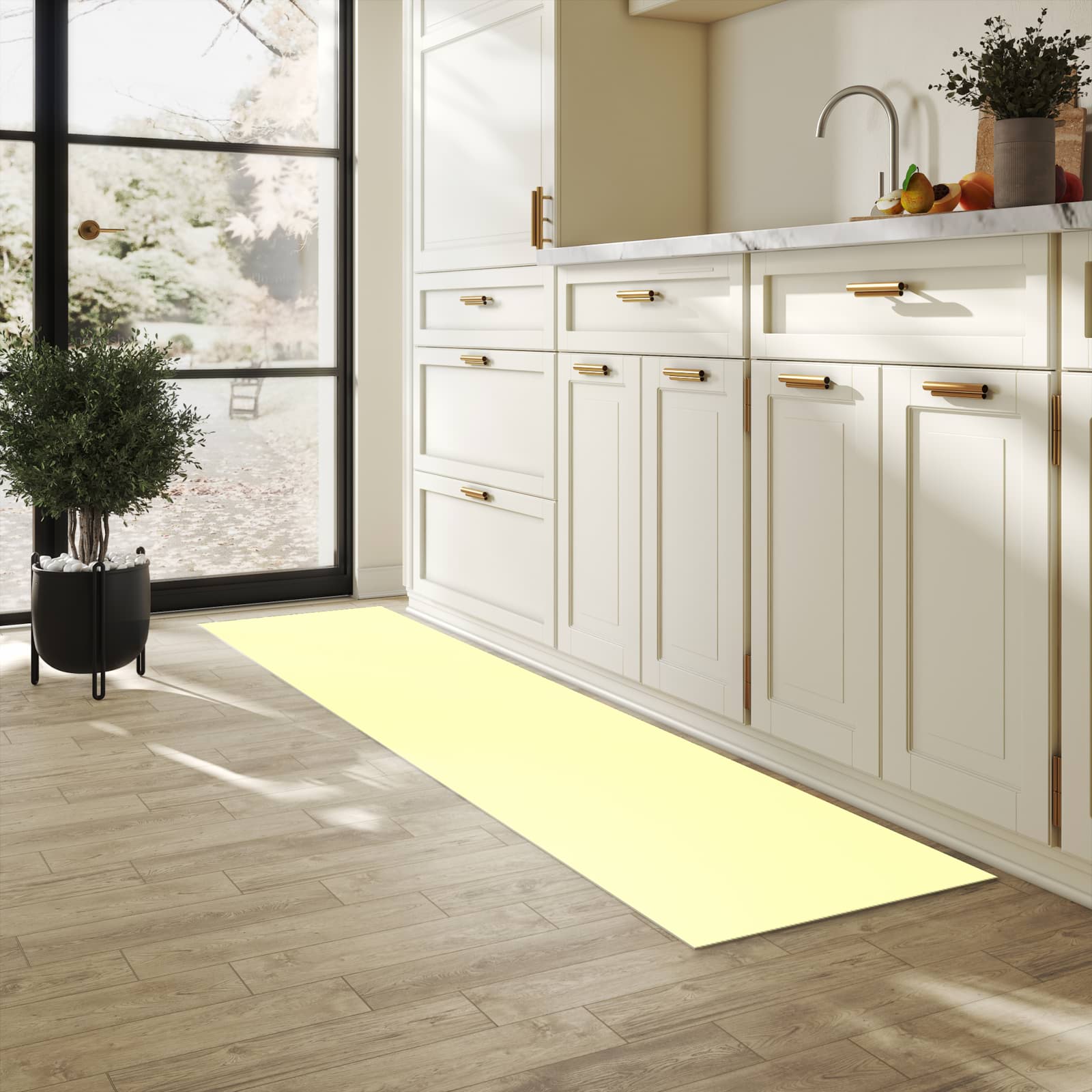 Flacher Küchenläufer mit cremefarbenem Hintergrund-Motiv in der Küche