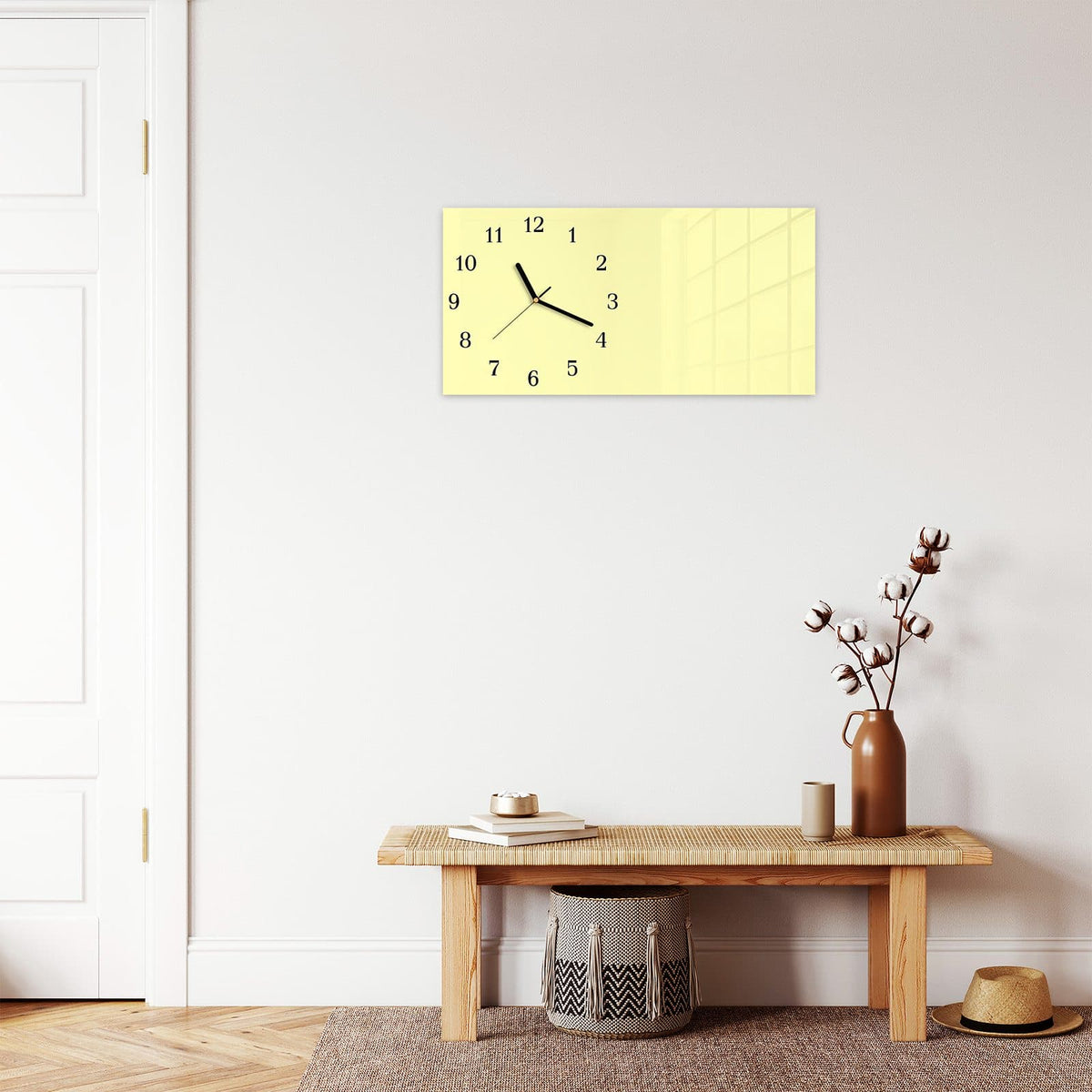 Moderne Wanduhr aus Glas mit Farbtiefe – Wanduhr Cremefarbener Hintergrund aus Glas – Querformat 60 × 30 cm