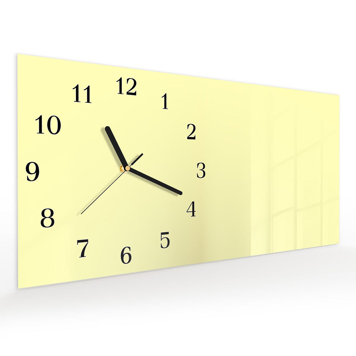 Vormontiert – mit Schwebeeffekt – Wanduhr Cremefarbener Hintergrund aus Glas – Querformat 60 × 30 cm