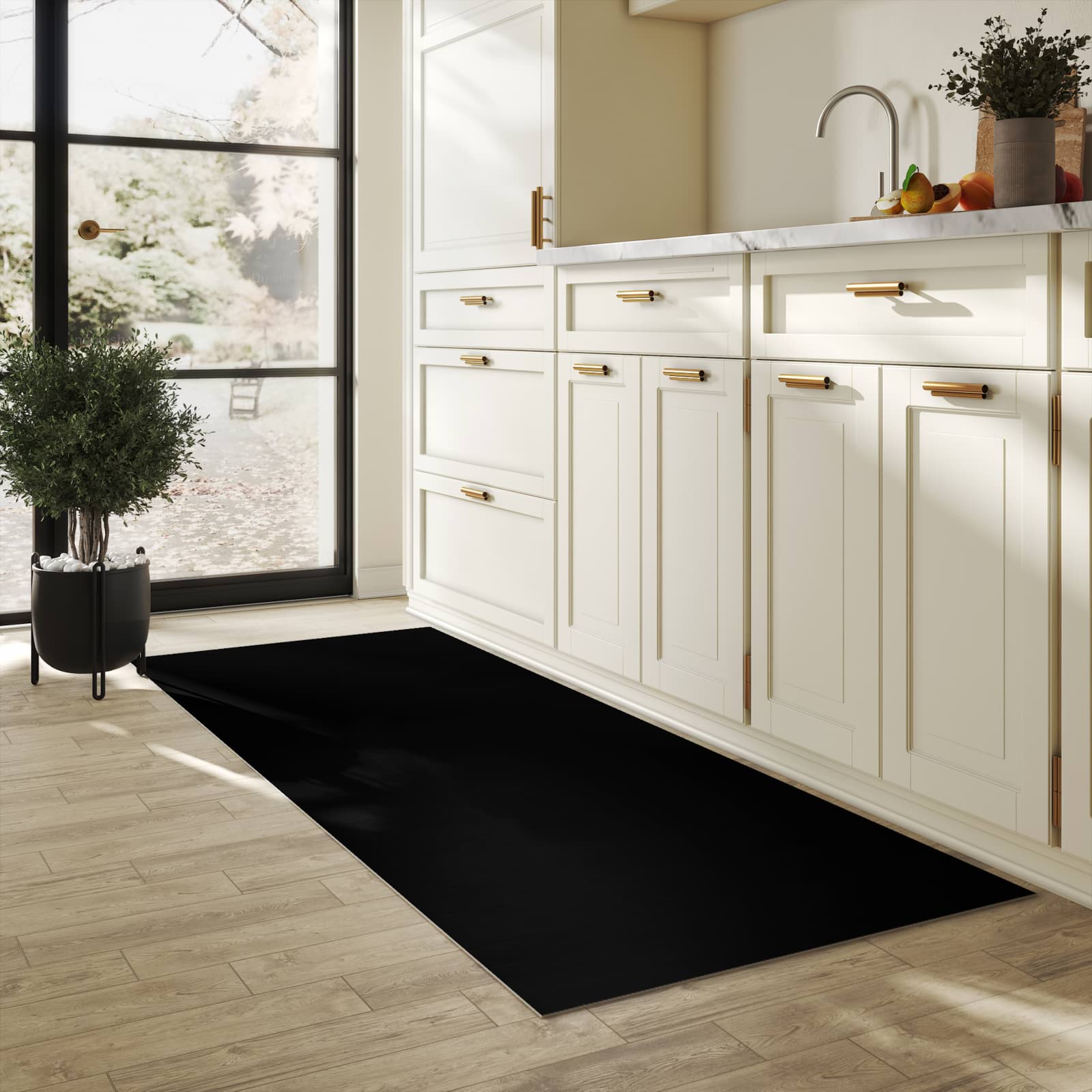 Waschbarer Küchenteppich mit schwarzem Hintergrund-Motiv in der Küche