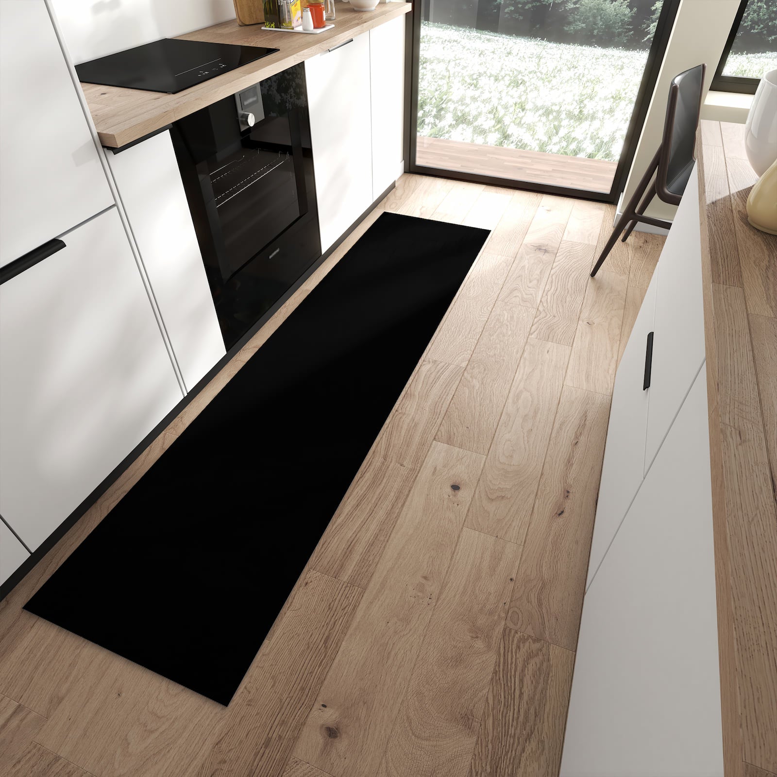 Schmutzabweisender Küchenläufer mit schwarzer Hintergrund-Motiv in moderner Küche