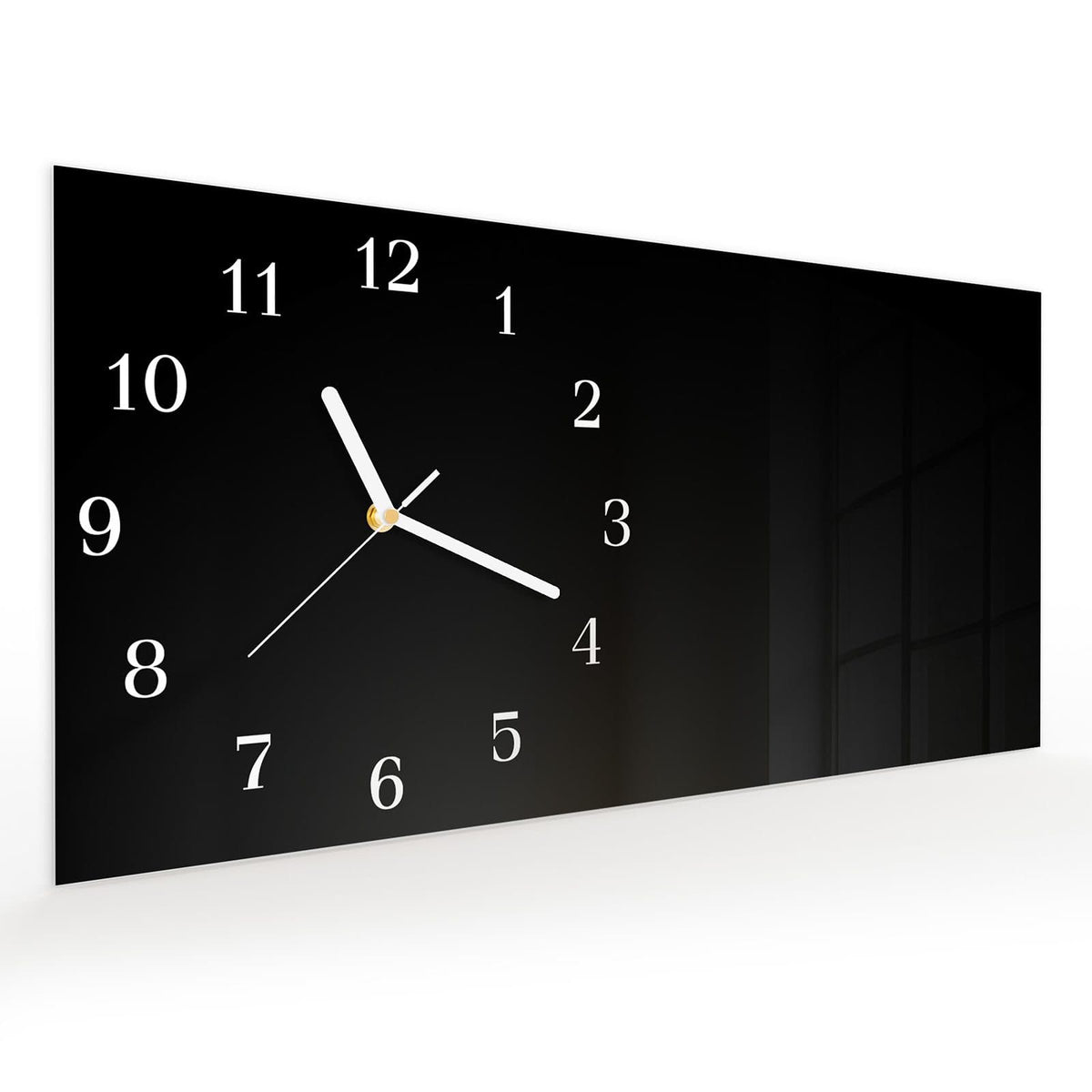 Vormontiert – mit Schwebeeffekt – Wanduhr Schwarzer Hintergrund aus Glas – Querformat 60 × 30 cm