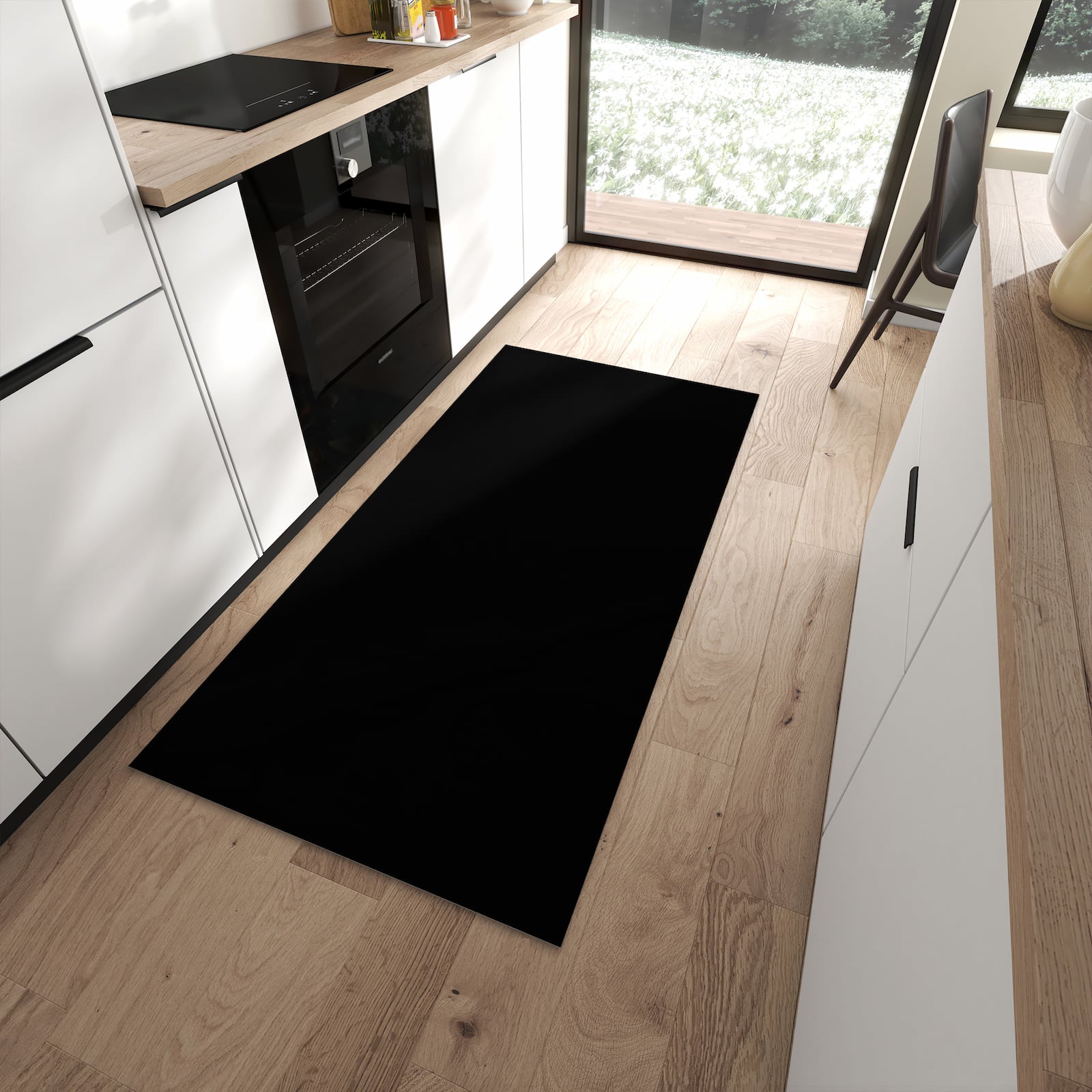 Rutschhemmender Läufer für die Küche mit schwarzer Hintergrund-Motiv in moderner Küche