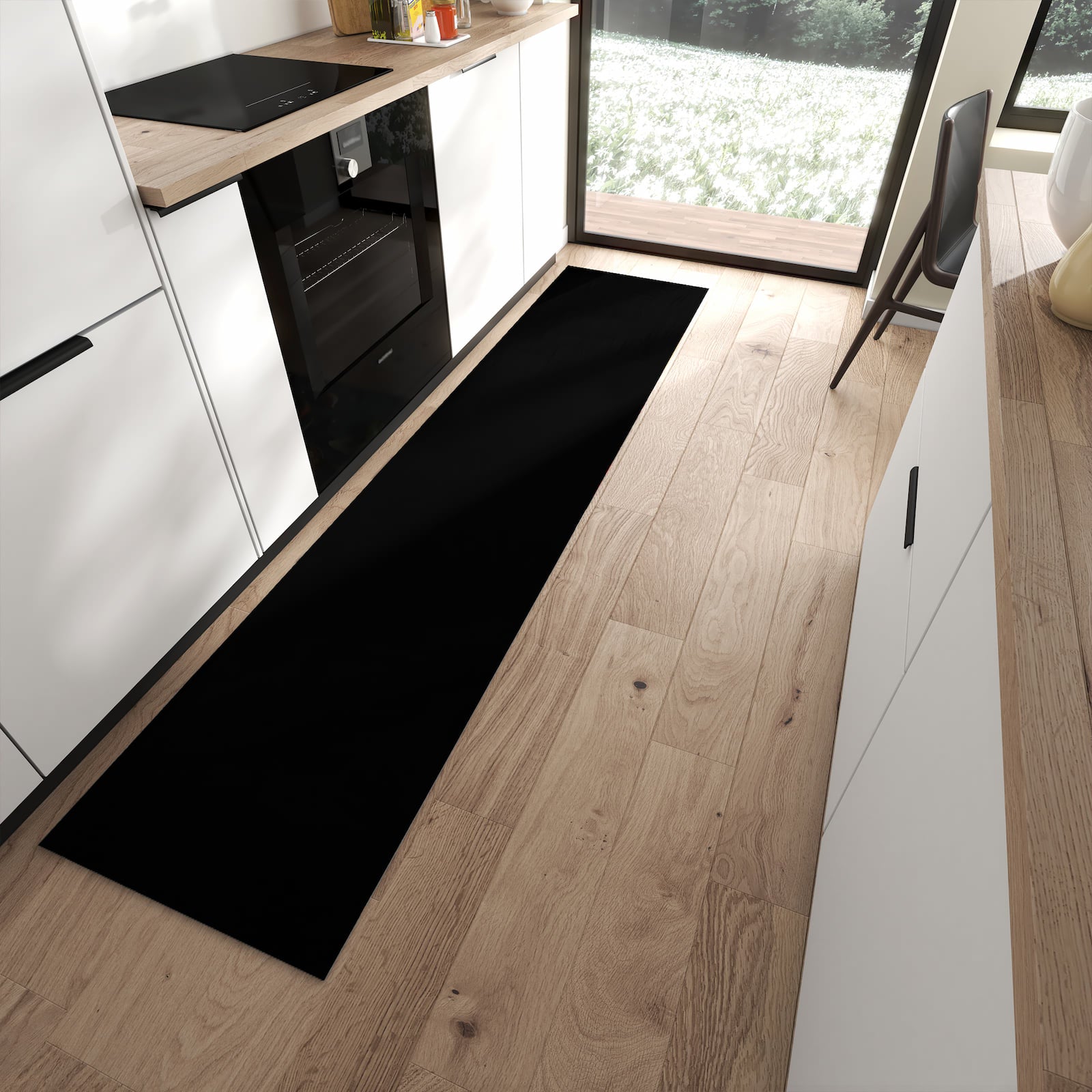 Wasserabweisender Küchenteppich mit schwarzem Hintergrund-Motiv in moderner Küche