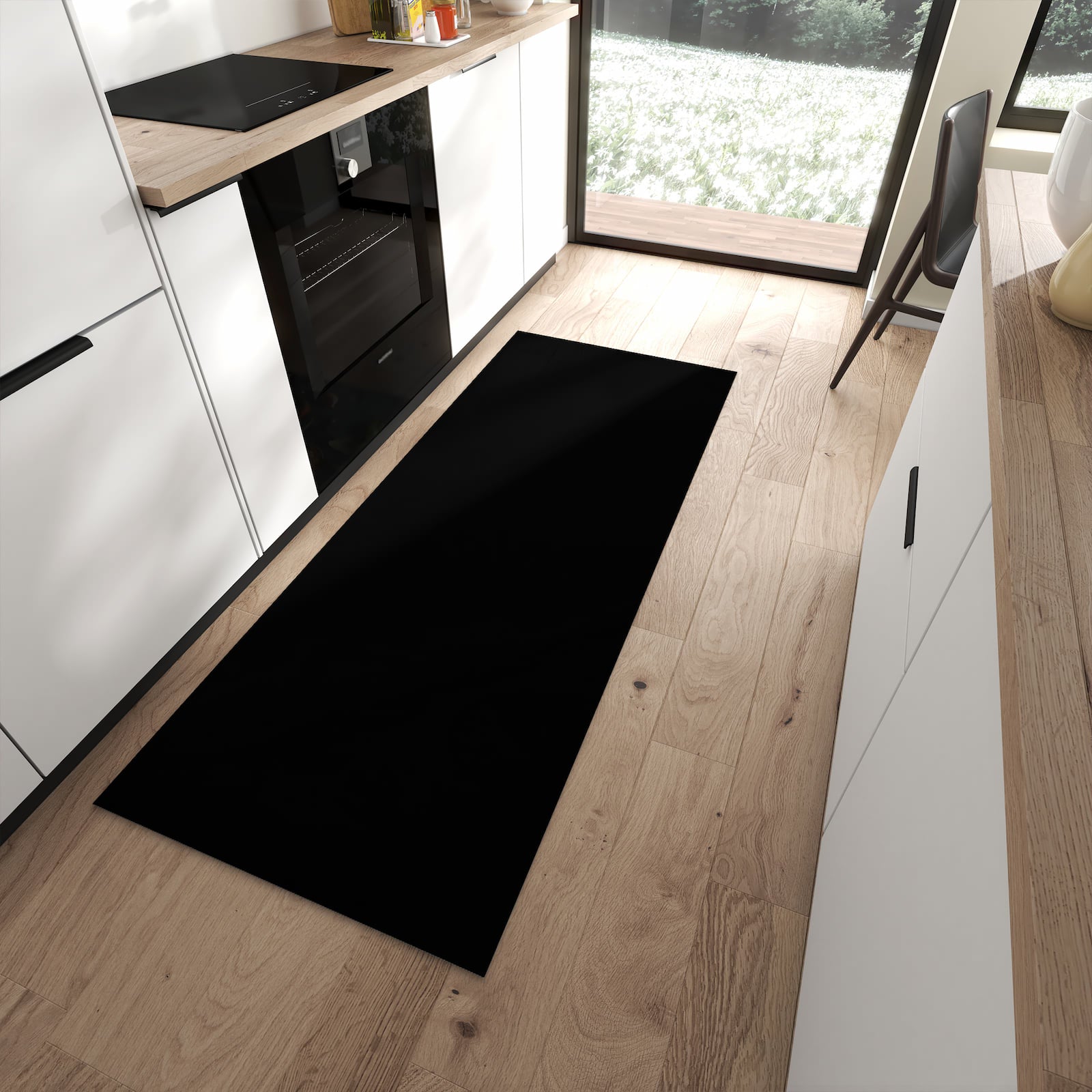 Komfortabler Teppich für die Küche mit schwarzer Hintergrund-Optik in moderner Küche