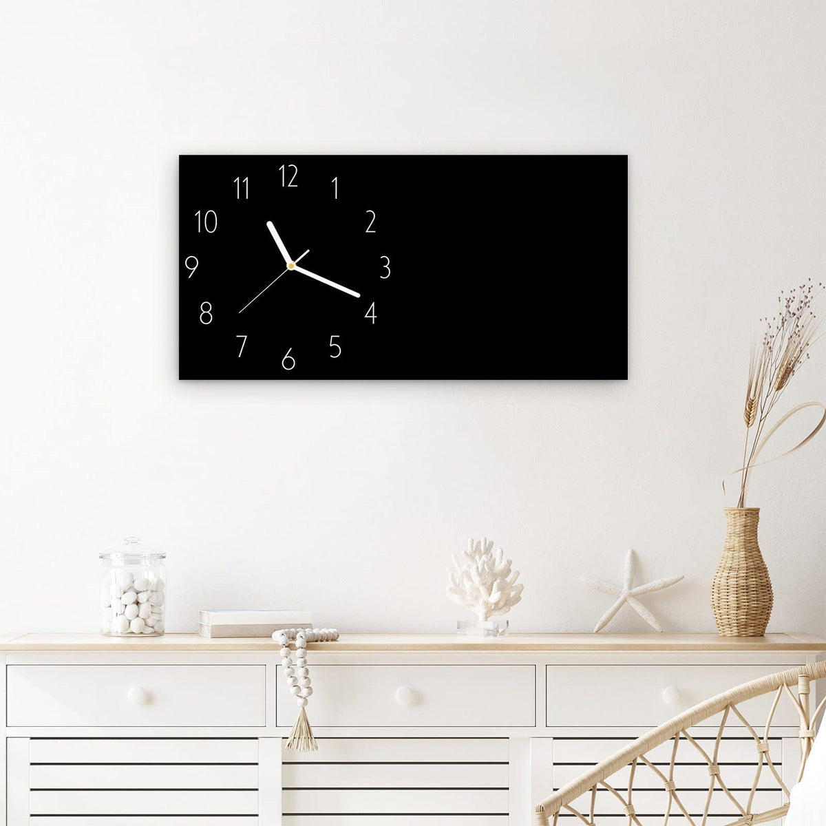 Wanduhr Schwarzer Hintergrund aus Glas – Querformat 60 × 30 cm – Tiefes Schwarz als reine Fläche