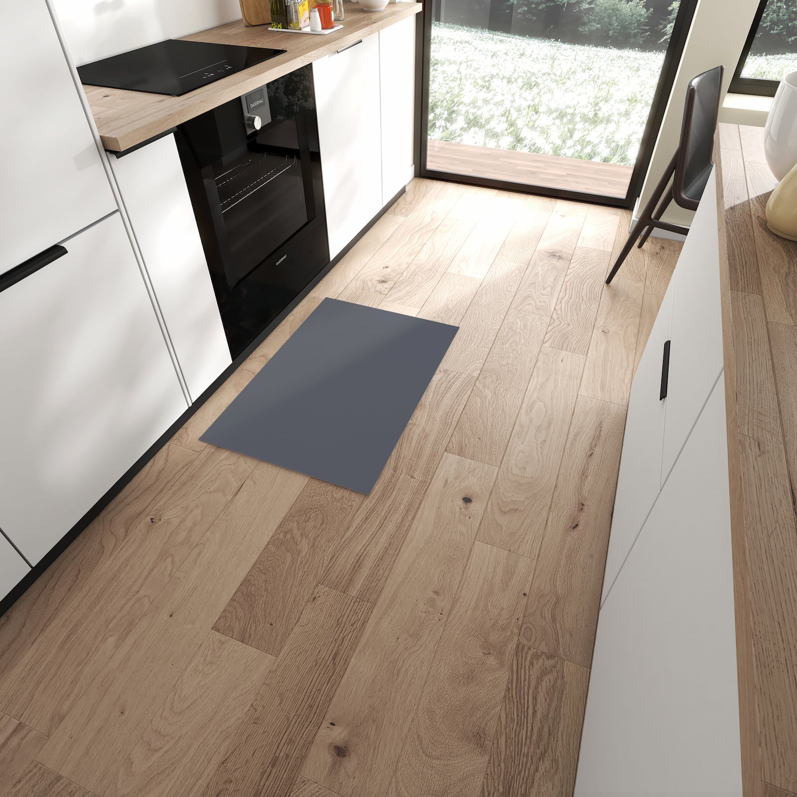 Strapazierfähiger Läufer für die Küche mit dunkelgrauem Hintergrund in moderner Küche
