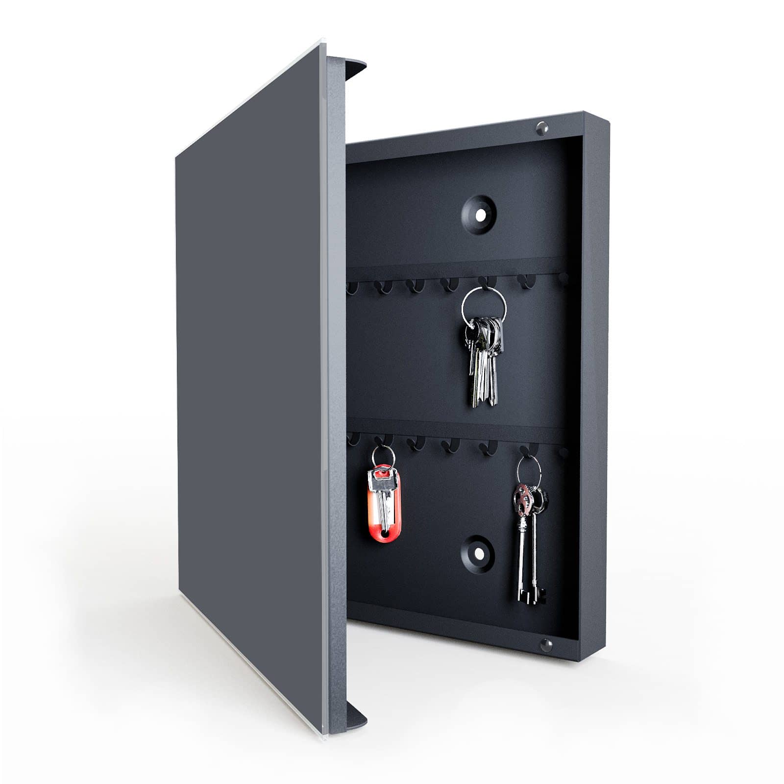Hochwertige Schlüsselbox mit Motiv Dunkelgrauer Hintergrund in geöffneter Innenansicht