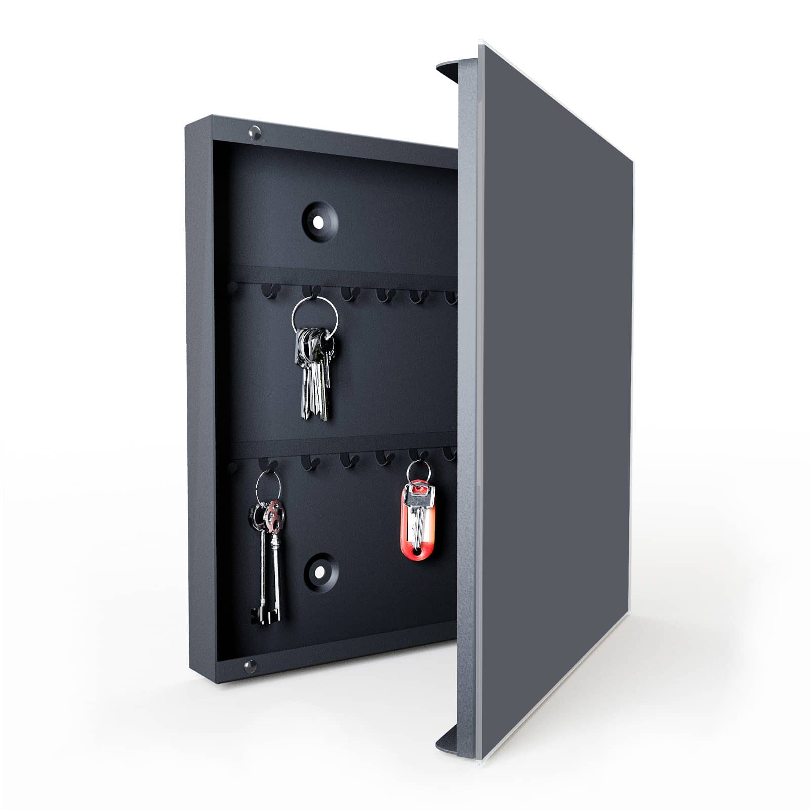Pflegeleichte Schlüsselbox mit Motiv Dunkelgrauer Hintergrund in geöffneter Innenansicht