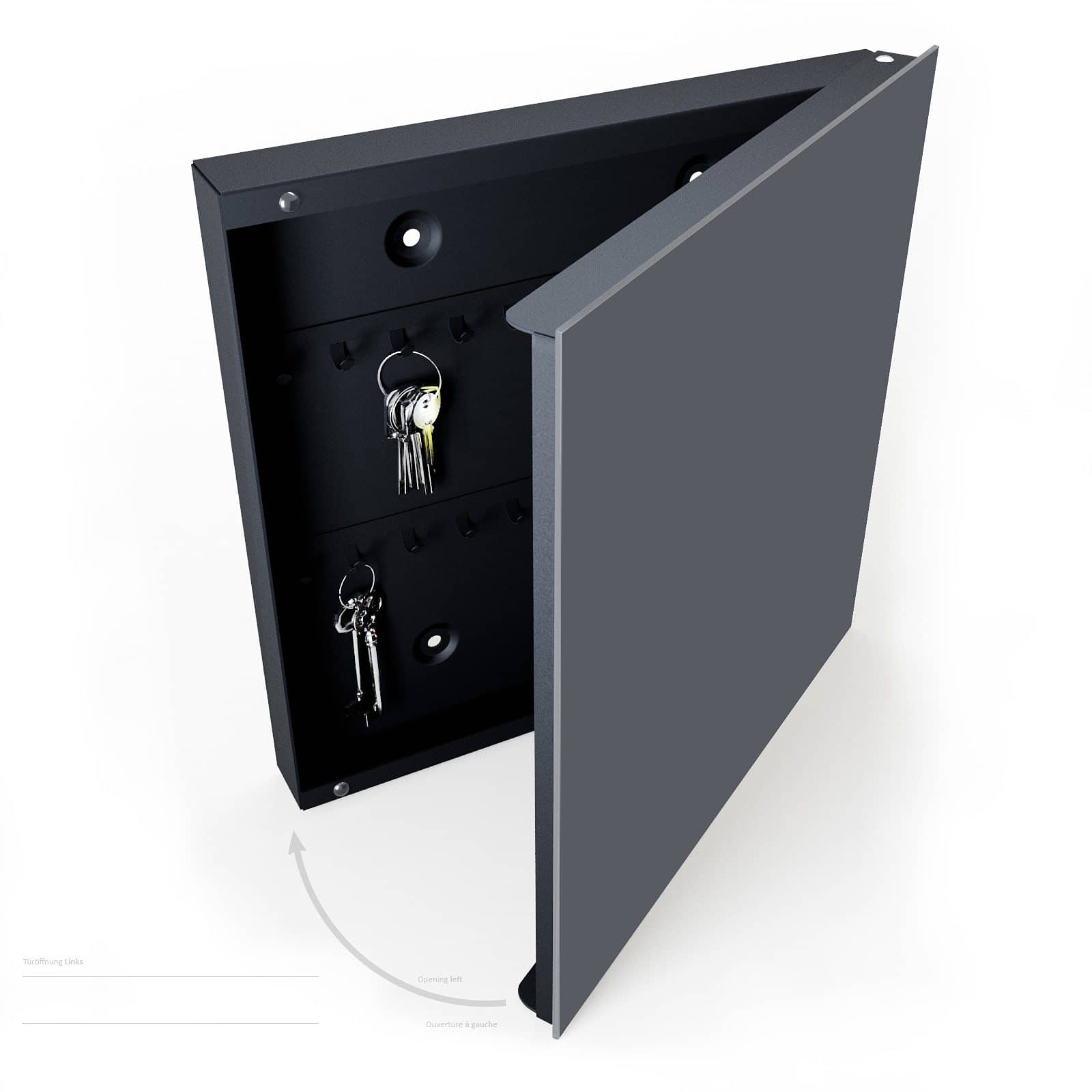 Multifunktionaler Schlüsselschrank mit Motiv Dunkelgrauer Hintergrund halboffen mit Schlüsseln