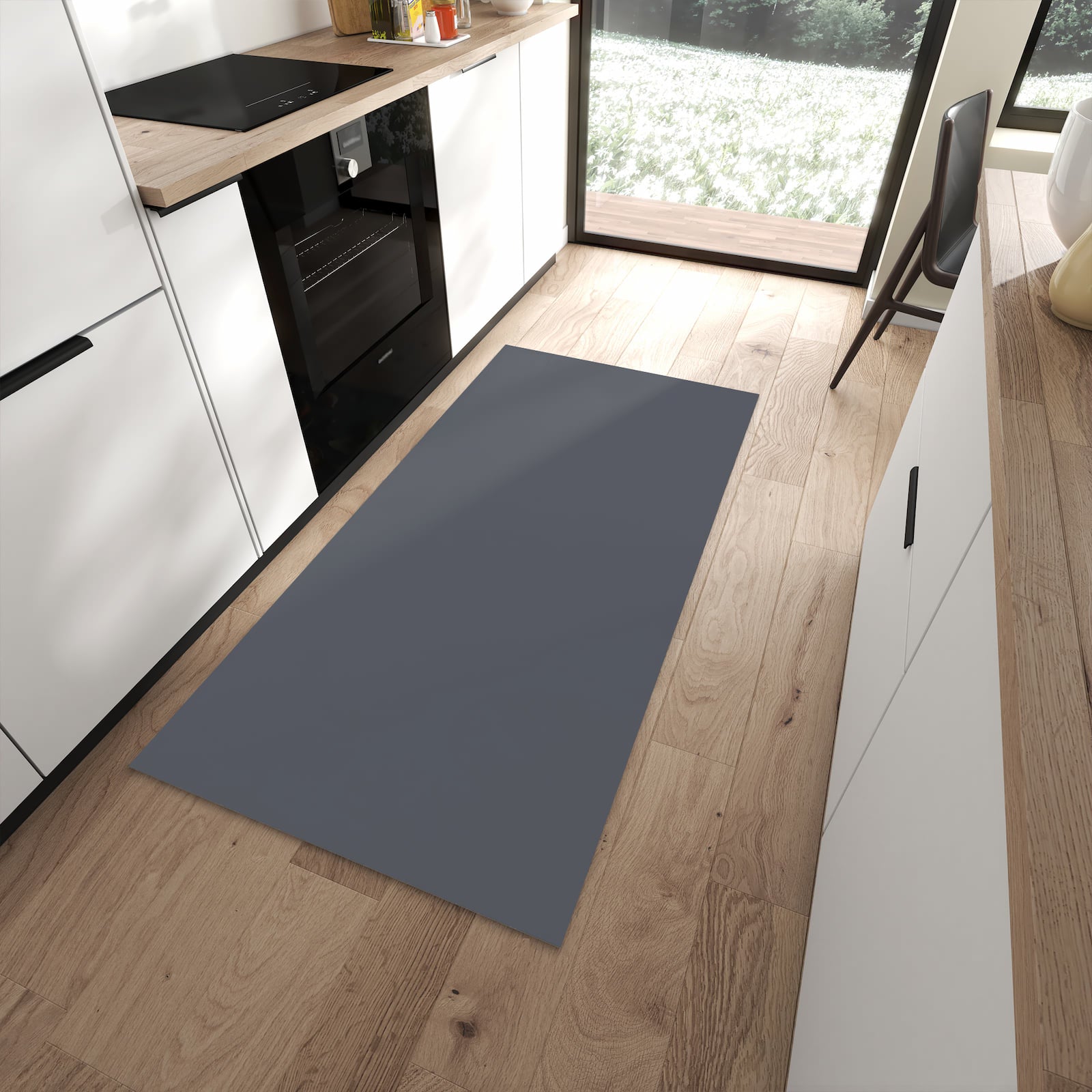 Feuchtigkeitsresistenter waschbarer Teppich Küche mit dunkelgrauem Hintergrund in moderner Küche