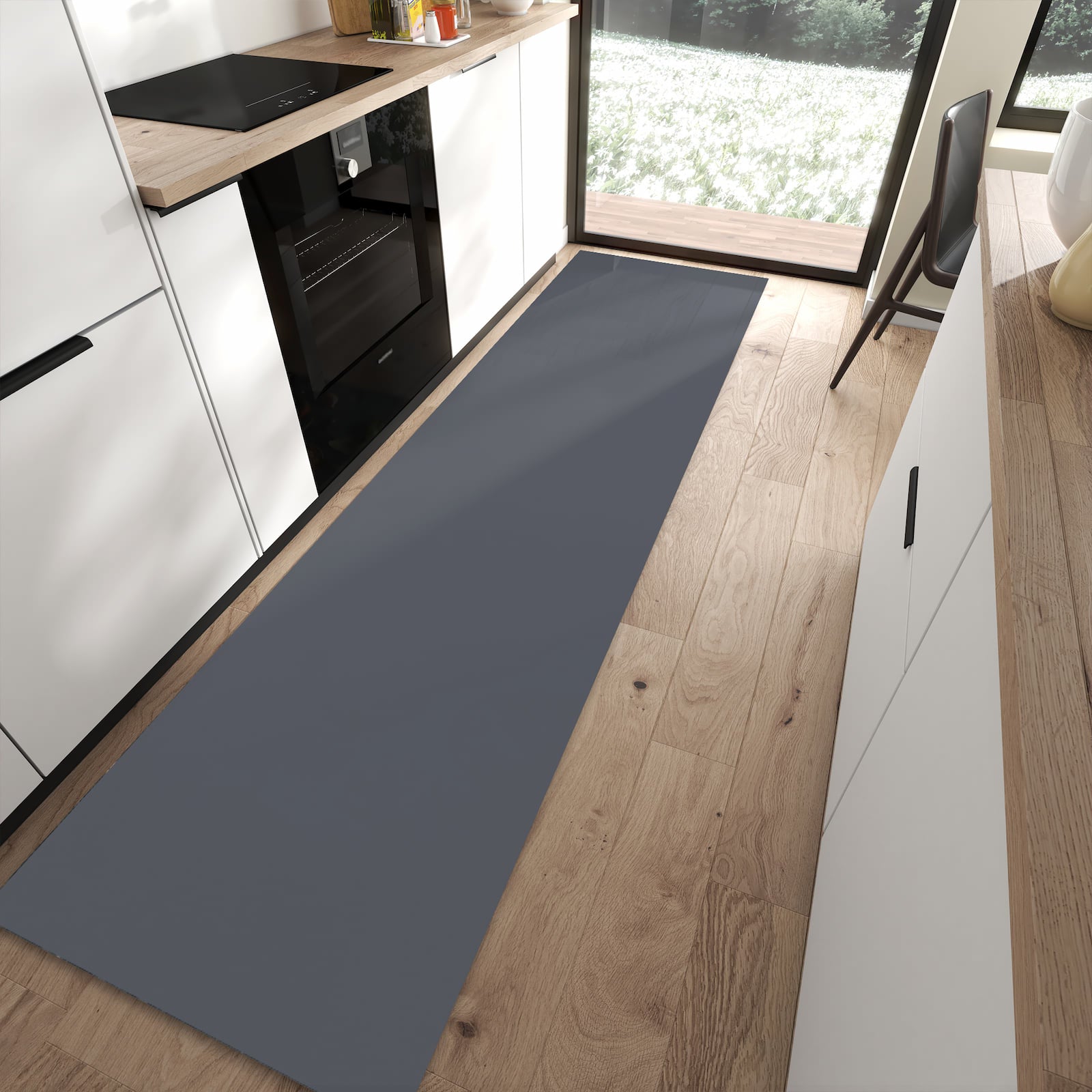 Formstabiler Küchenvorleger mit dunkelgrauem Hintergrund-Motiv in moderner Küche