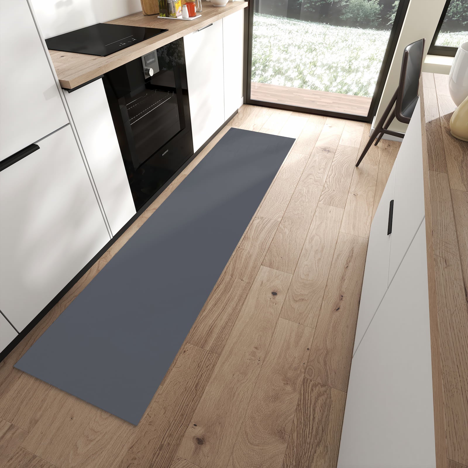 Geräuschdämpfender Küchenläufer mit dunkelgrauem Hintergrund-Motiv in moderner Küche