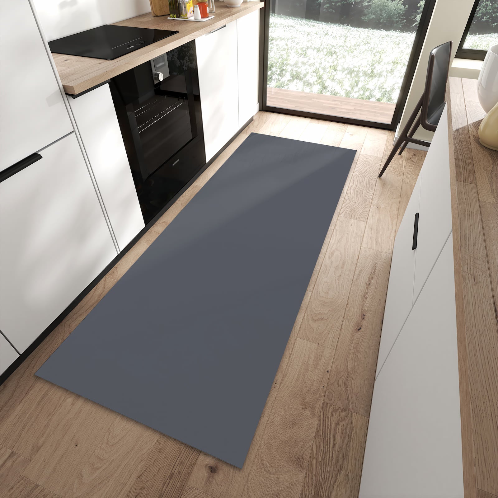 Langlebiger Küchenläufer mit dunkelgrauem Hintergrund-Motiv in moderner Küche