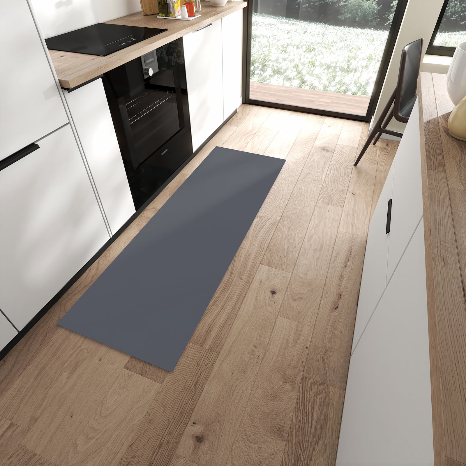 Teppich für die Küche mit dunkelgrauem Hintergrund-Motiv in moderner Küche für Ordnung