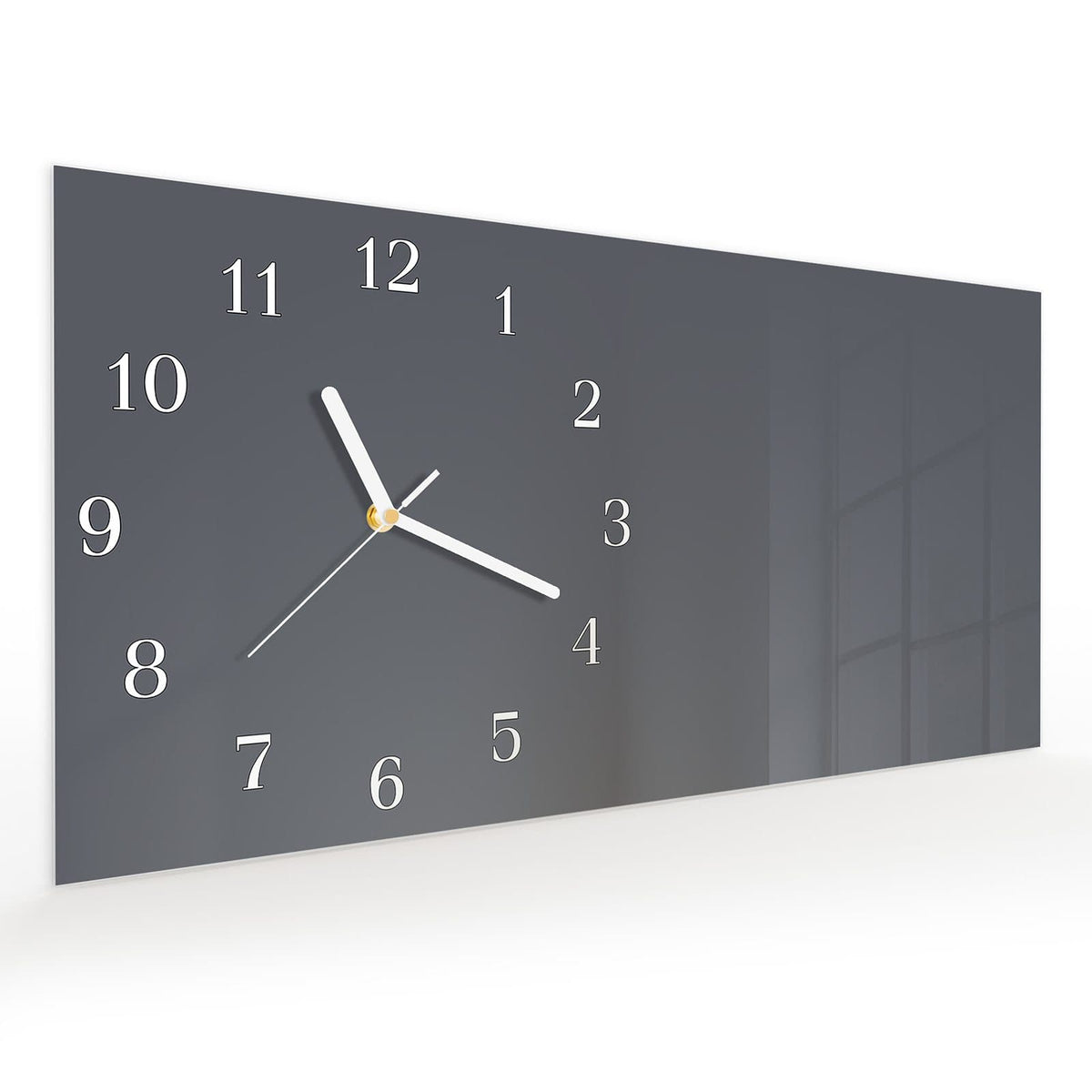 Vormontiert – mit Schwebeeffekt – Wanduhr Dunkelgrauer Hintergrund aus Glas – Querformat 60 × 30 cm