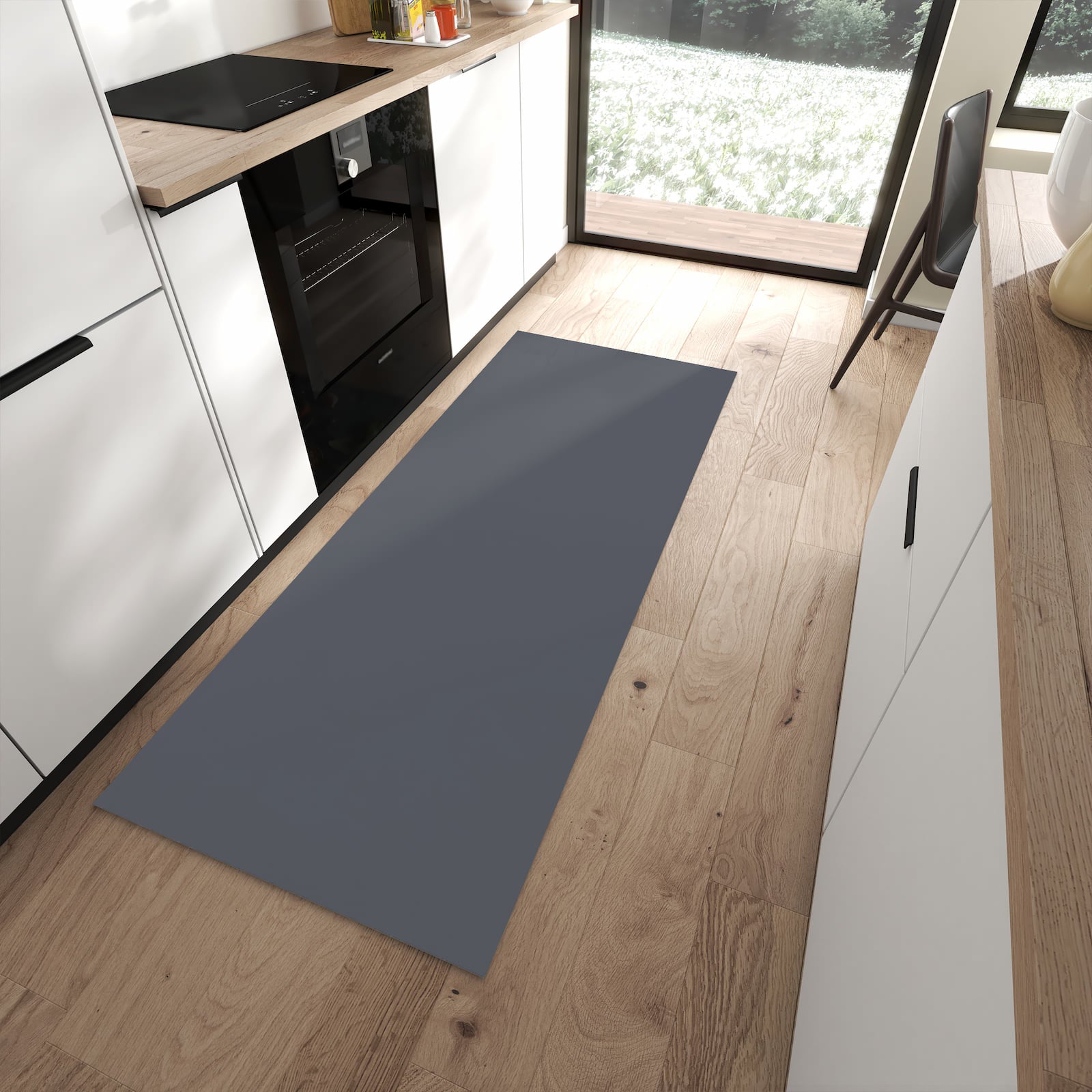 Küchenläufer mit dunkelgrauem Hintergrund-Motiv in moderner Küche, zeitsparend