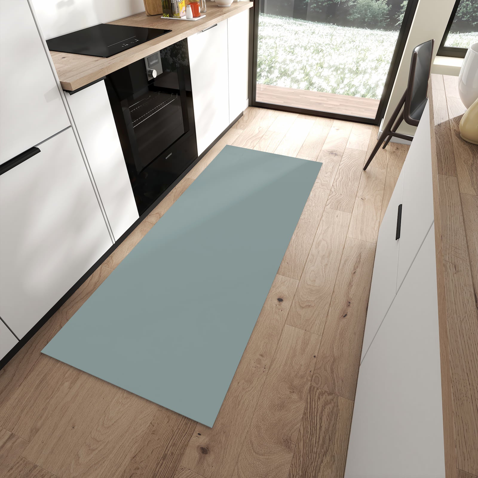 Waschbarer Küchenläufer mit grauer Hintergrund-Optik in moderner Küche