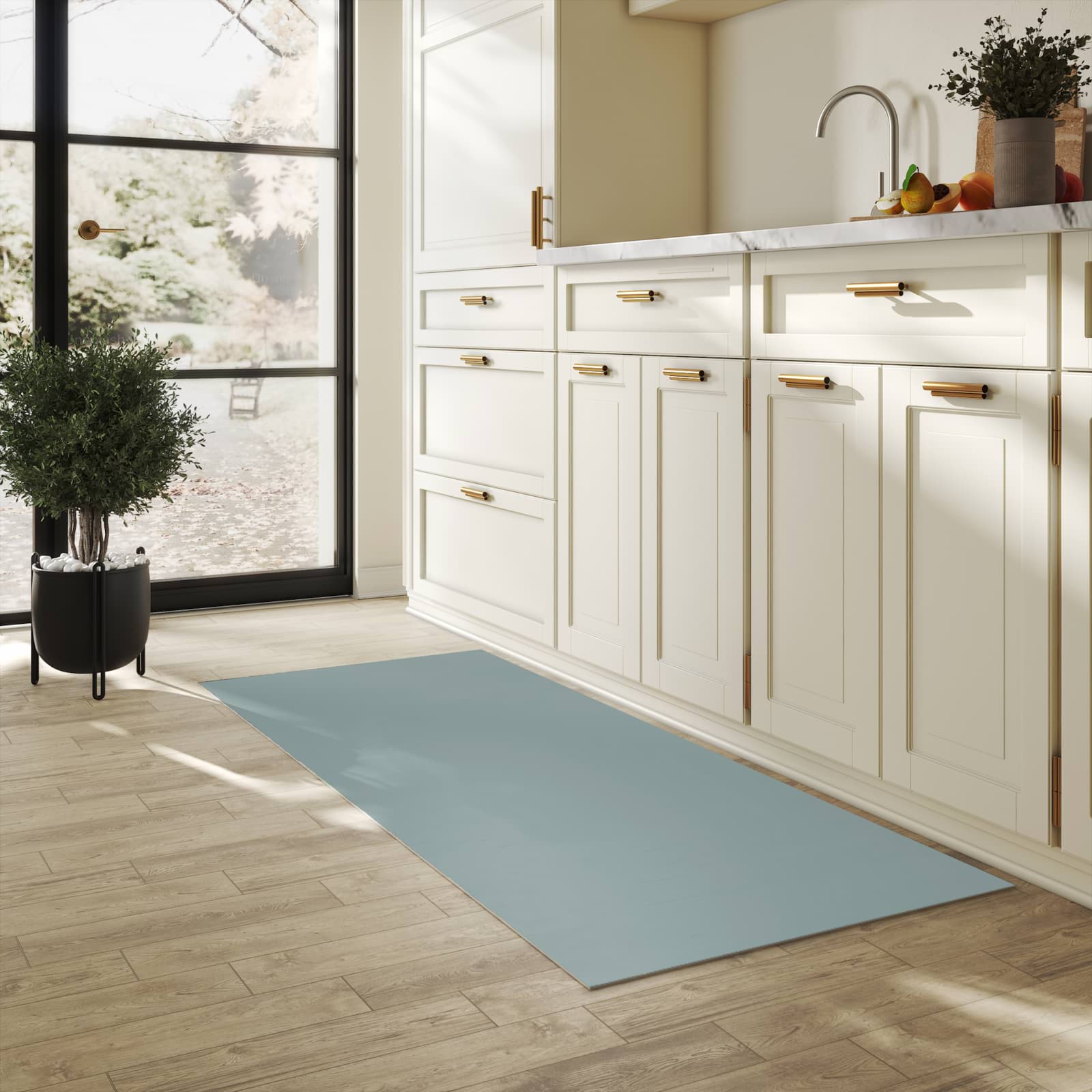 Waschbarer Küchenläufer mit grauer Hintergrund-Optik in der Küche, zeitsparend