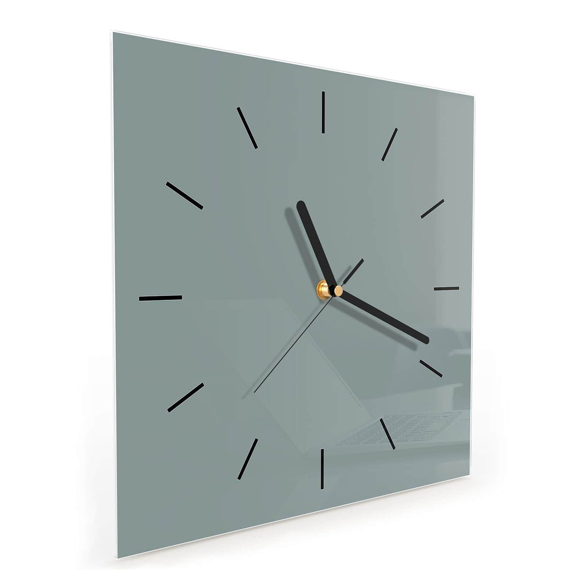 Quadratische Wanduhr aus Glas Steingrau schräg von der Seite, 4 mm starkes Glas