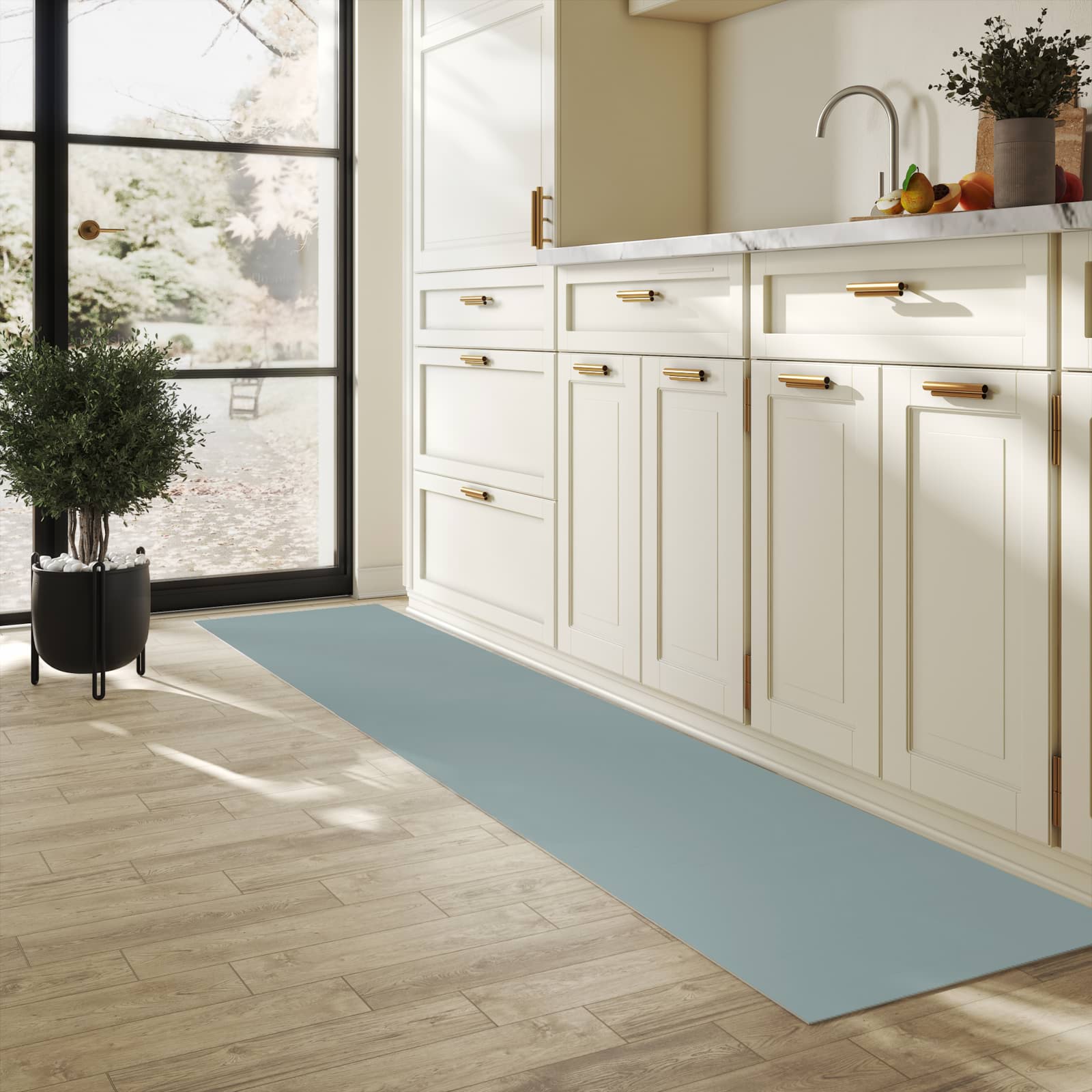 Rutschfester Küchenläufer mit grauer Hintergrund-Optik in der Küche