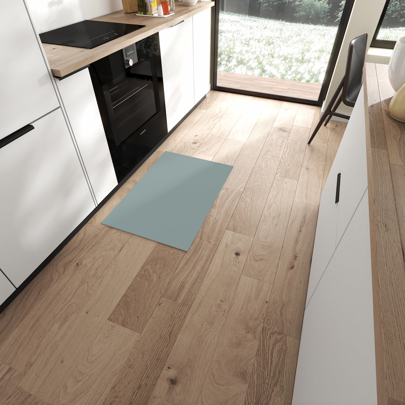 Langlebiger Küchenläufer mit Grauer Hintergrund-Motiv in moderner Küche, waschbar