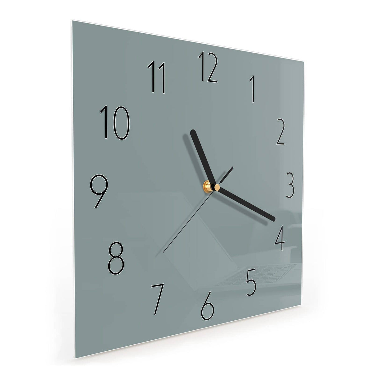 Quadratische Wanduhr aus Glas Steingrau schräg von der Seite, 4 mm starkes Glas