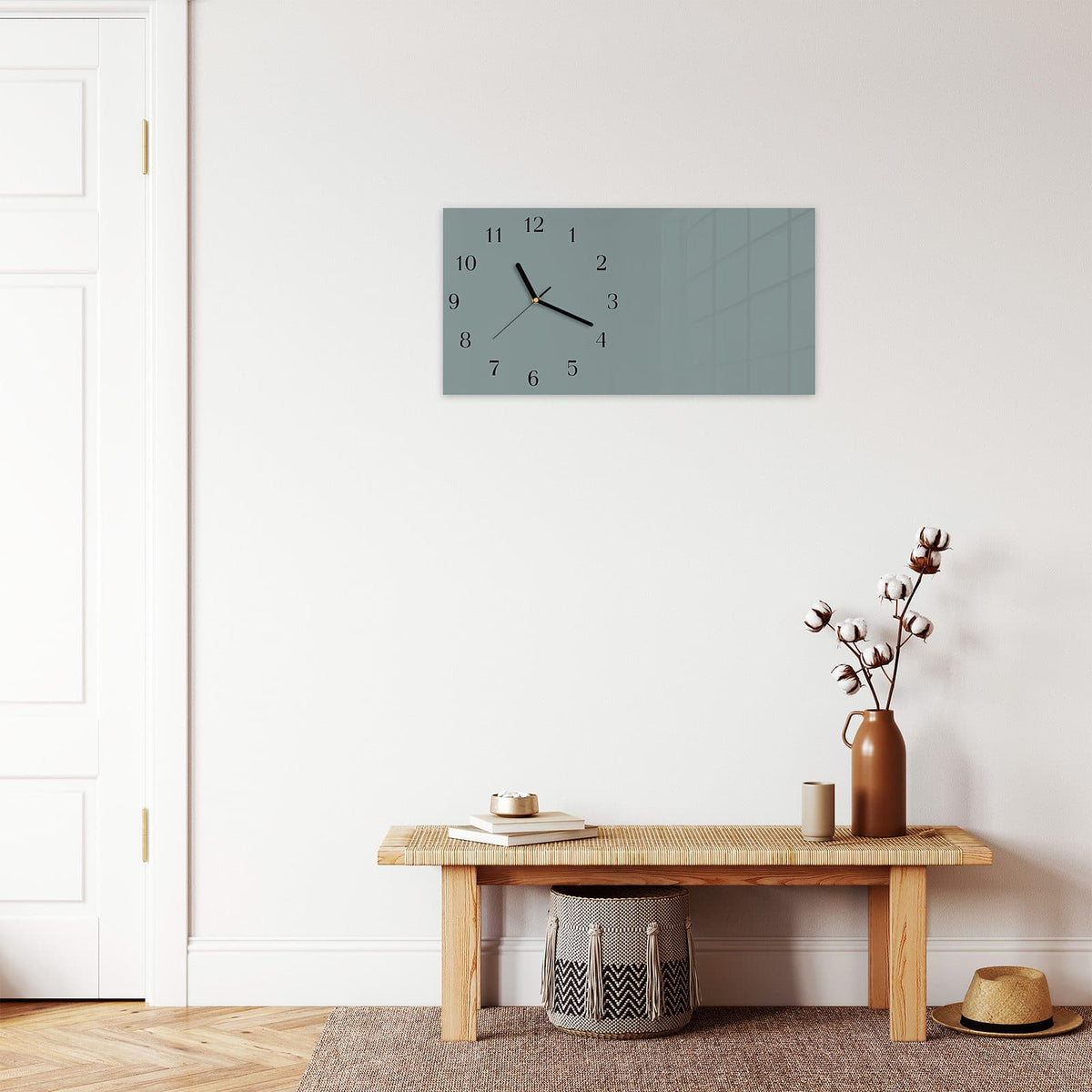 Moderne Wanduhr aus Glas mit Farbtiefe – Wanduhr Grauer Hintergrund I aus Glas – Querformat 60 × 30 cm