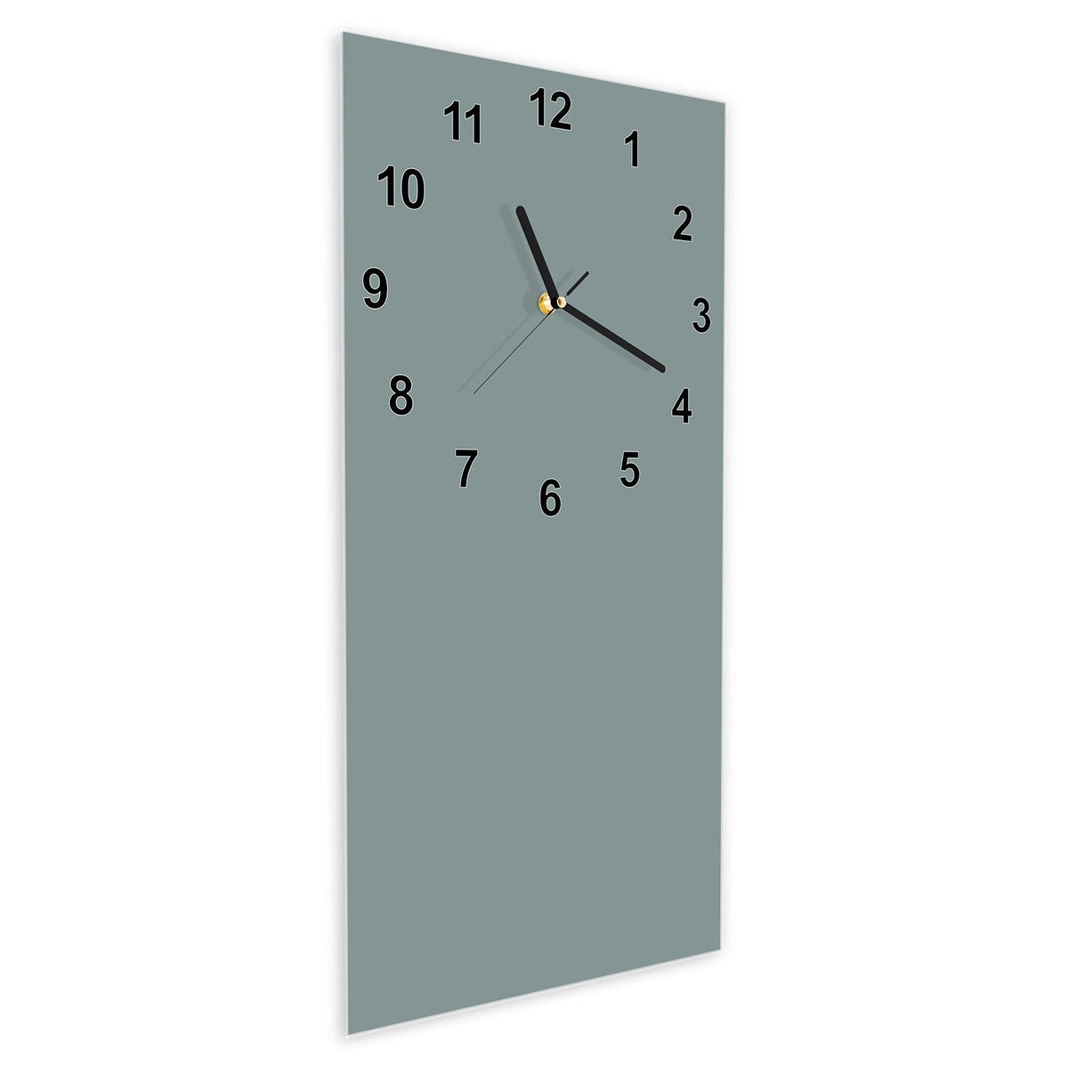 Wanduhr aus Glas im Hochformat Steingrau schräg von der Seite, 4 mm starkes Glas