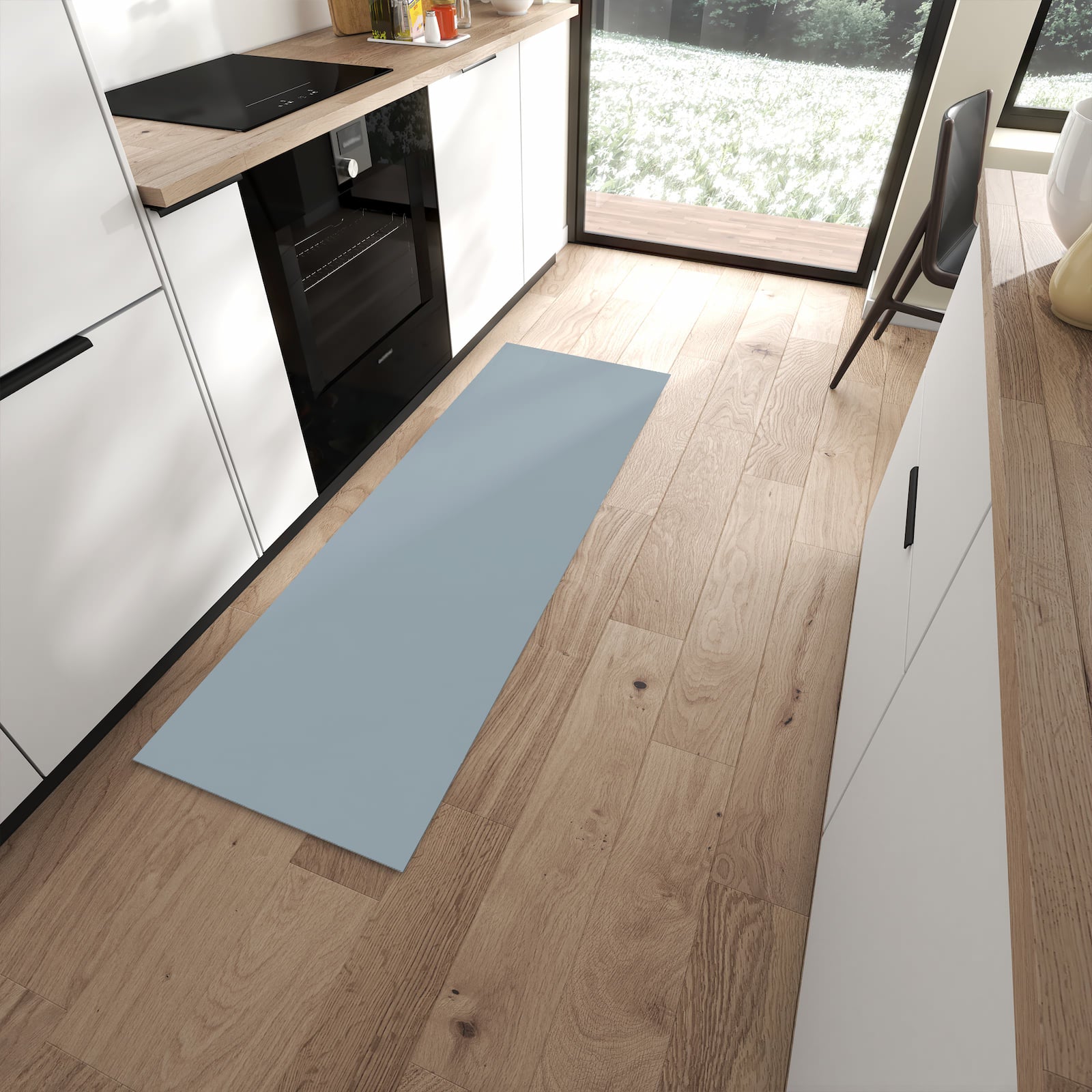 Farbbeständiger Küchenläufer mit Grauer Hintergrund II-Motiv in moderner Küche