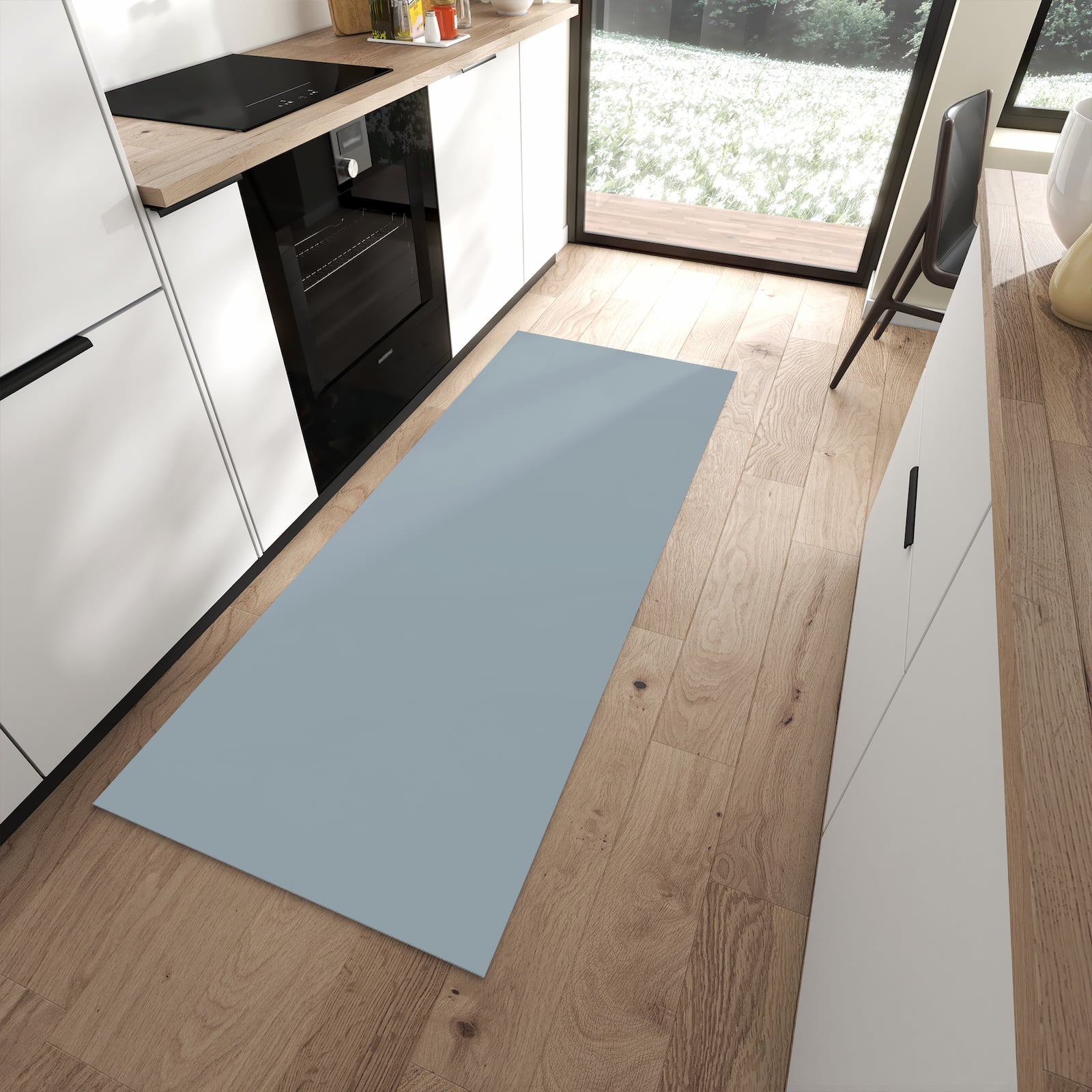 Langer Teppich für Flur mit Grauer Hintergrund II-Motiv in moderner Küche, schützt den Boden