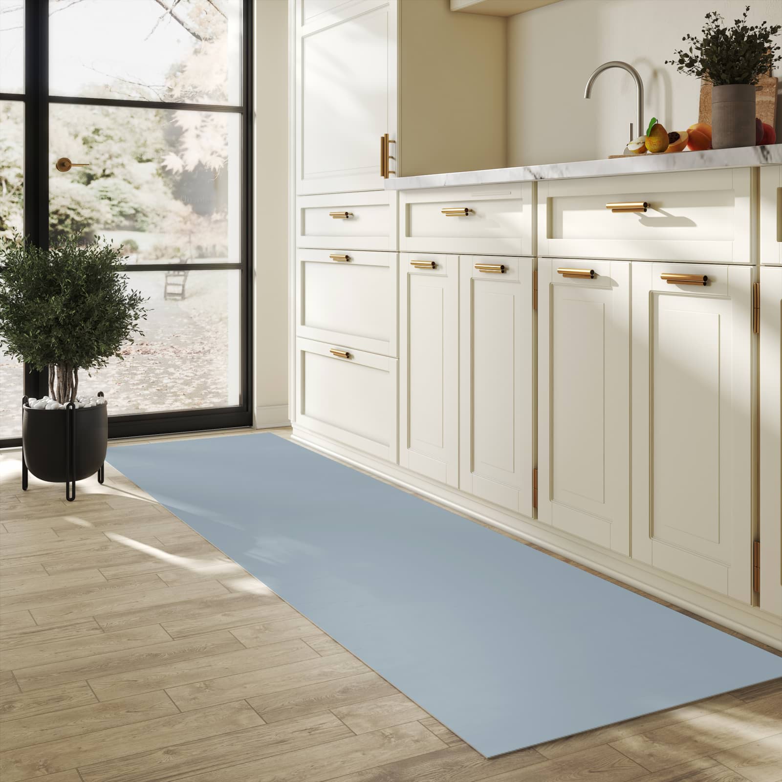 Flacher Küchenläufer mit Grauer Hintergrund II-Motiv in der Küche, rutschfest