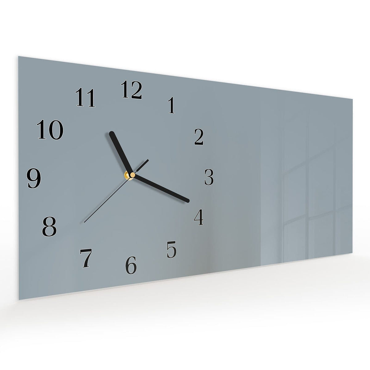 Vormontiert – mit Schwebeeffekt – Wanduhr Grauer Hintergrund II aus Glas – Querformat 60 × 30 cm